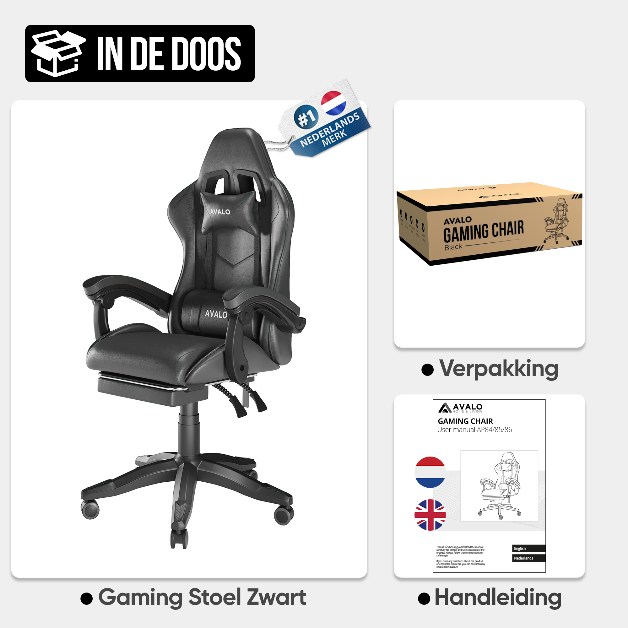 Black gaming chair, packaging box, and instruction manual, all on a white background.