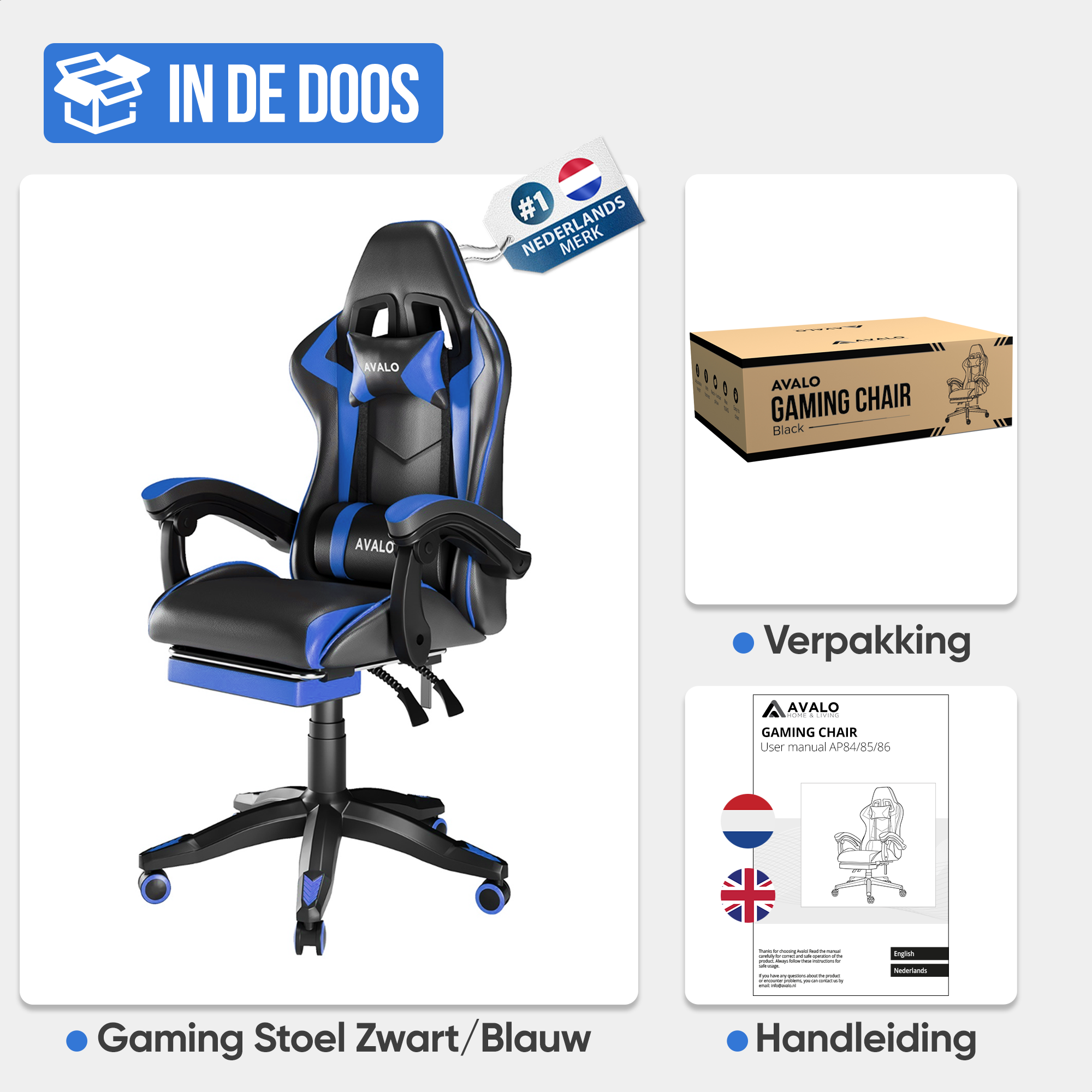 Chaise de jeu dans une boîte avec un schéma et des détails de la chaise en noir et bleu.