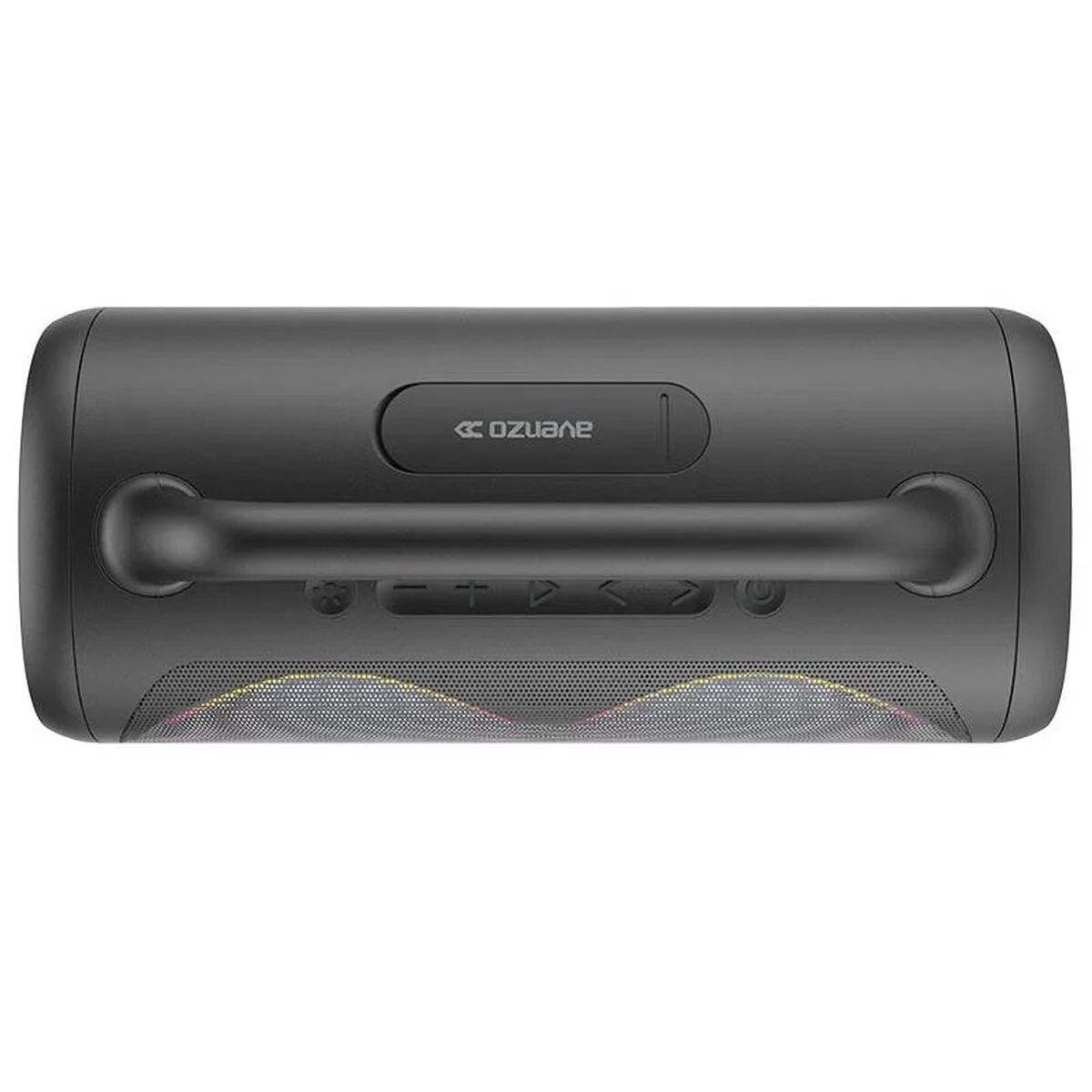 Altavoz negro con asa, botones y frontal de malla, con el nombre de la marca.