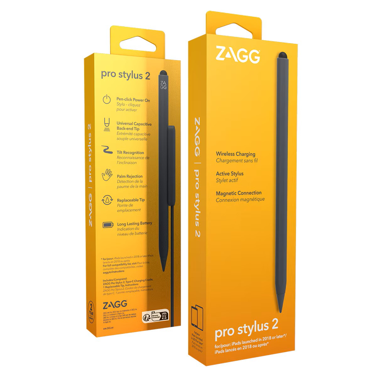 Dwa pudełka ZAGG pro stylus 2. Jeden pokazuje rysik, drugi wymienia funkcje, takie jak ładowanie bezprzewodowe.