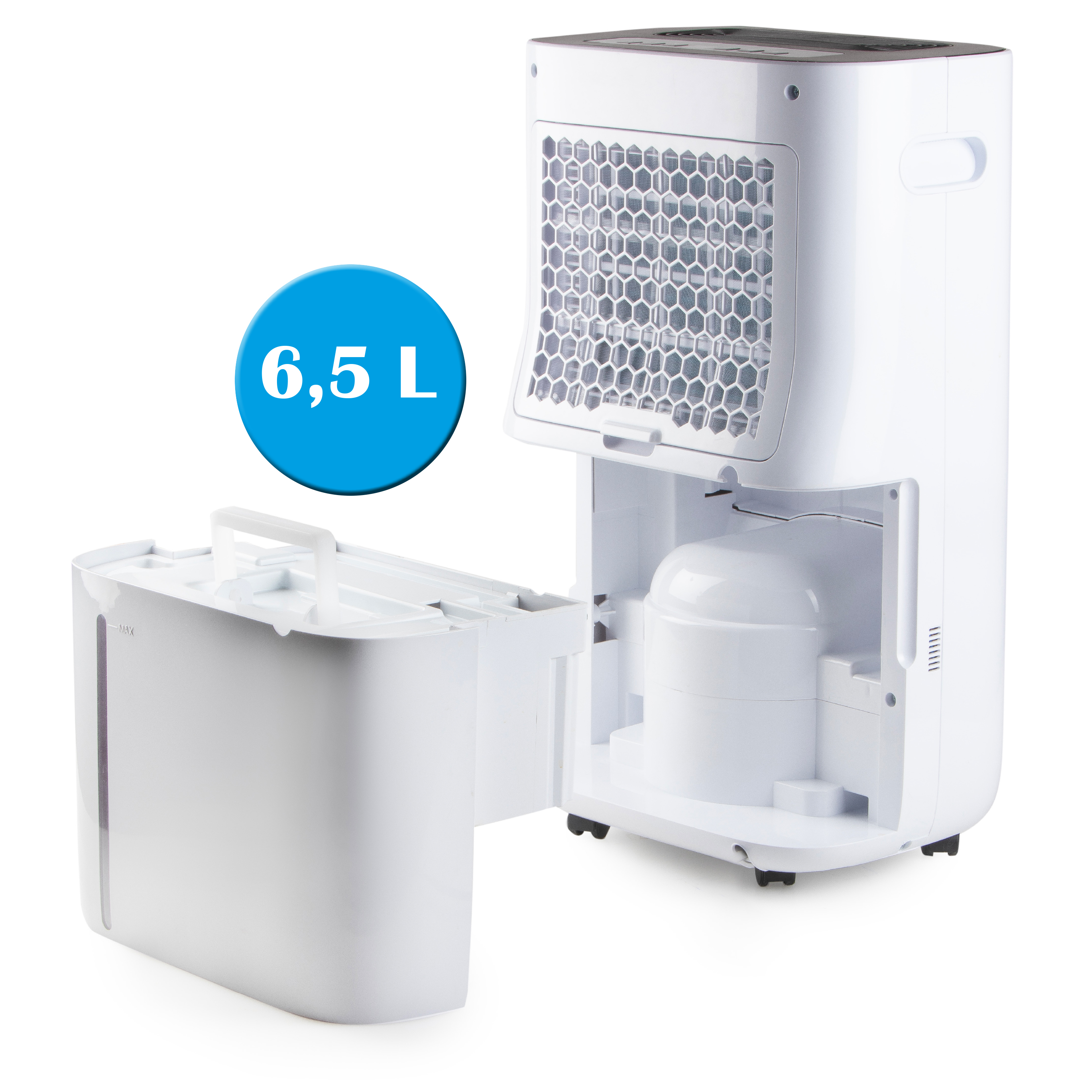 Een witte luchtontvochtiger met de watertank verwijderd. Een cirkelvormig blauw label zegt 6,5 L.