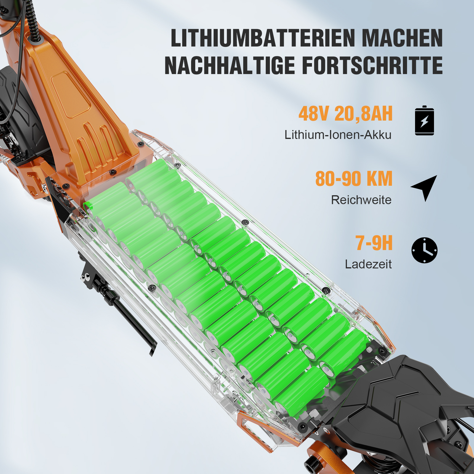 Lithium-Ionen-Akkus und Spezifikationen auf einem orangefarbenen Roller.