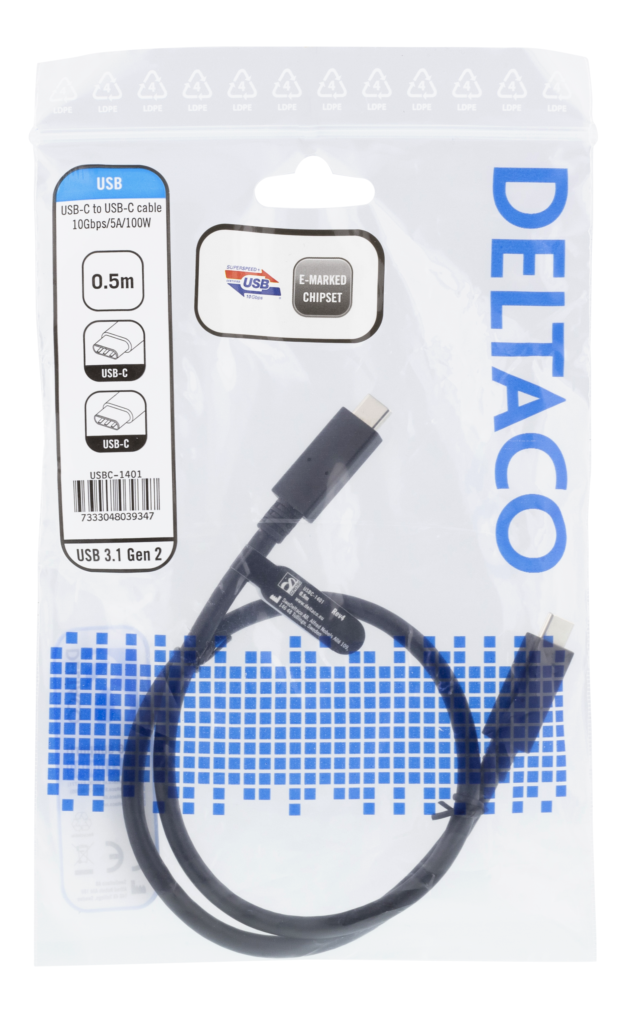 USB-C to USB-C cable in a plastic package. Black cable, white and blue text.