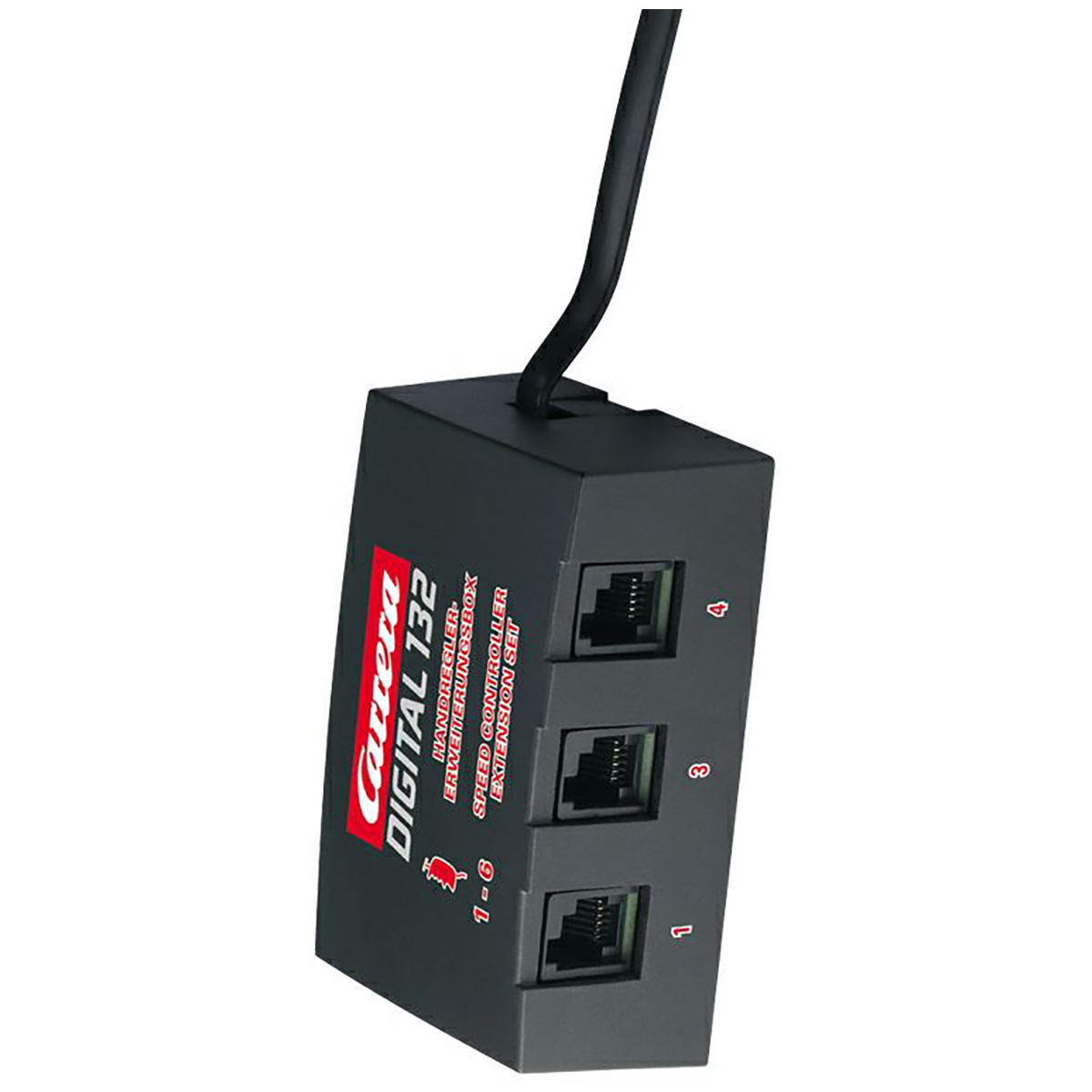 Un set di estensione Carrera Digital 132 nero con 3 porte e un cavo nero.