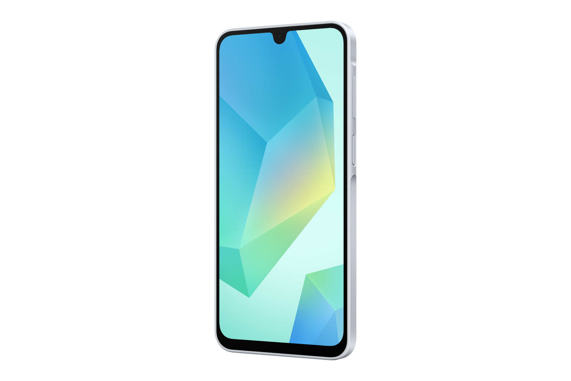 Uno smartphone con un design geometrico astratto blu, verde e celeste sullo schermo.