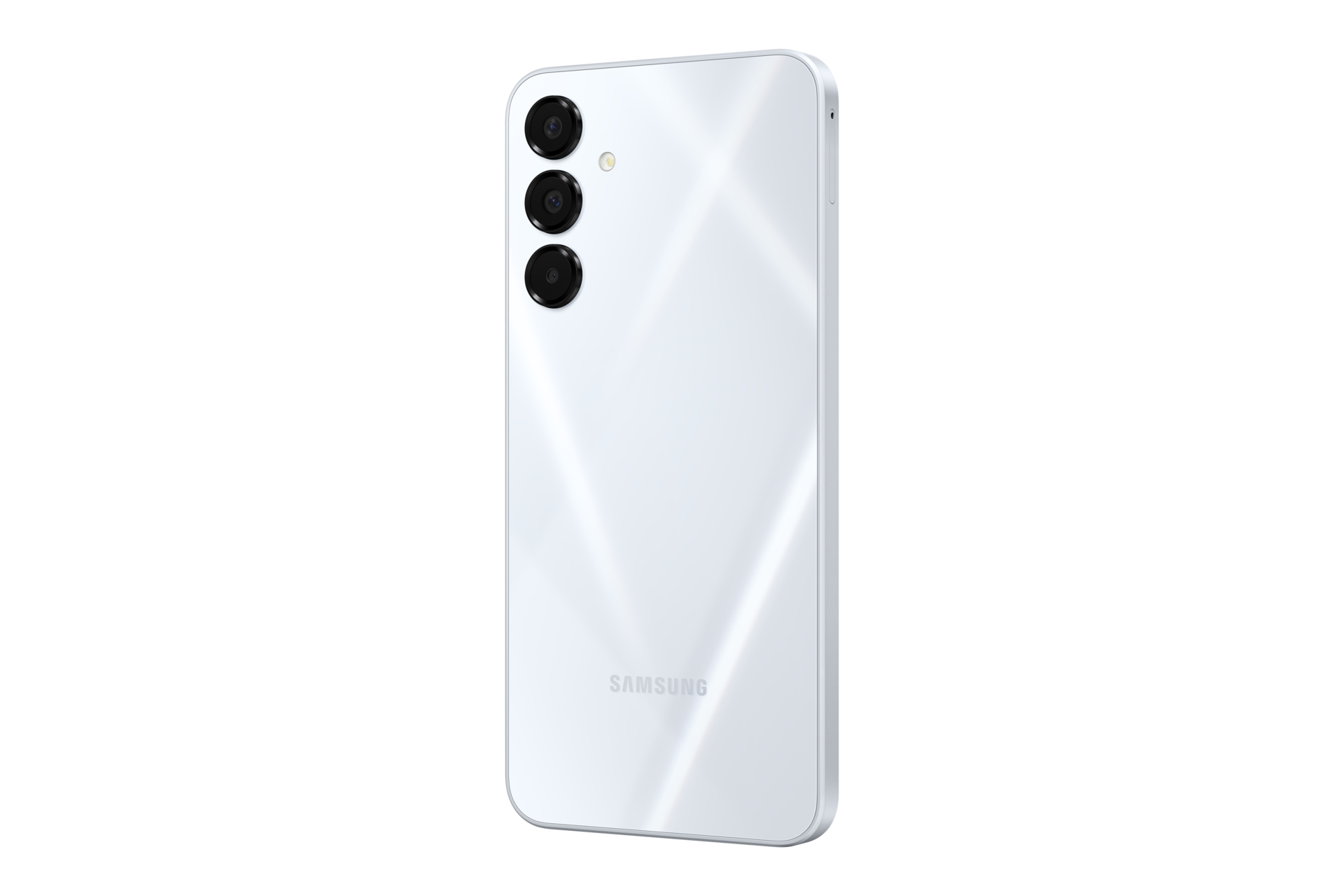 Uno smartphone bianco con tre fotocamere posteriori. Logo Samsung visibile. Sfondo bianco.