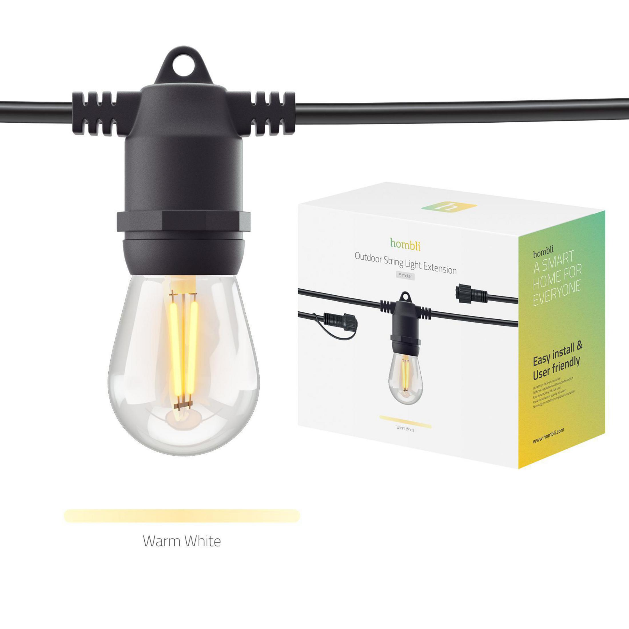 Luci a corda con lampadine trasparenti e una scatola con l'etichetta 'homli'. Il testo dice: 'Outdoor String Light Extension'.