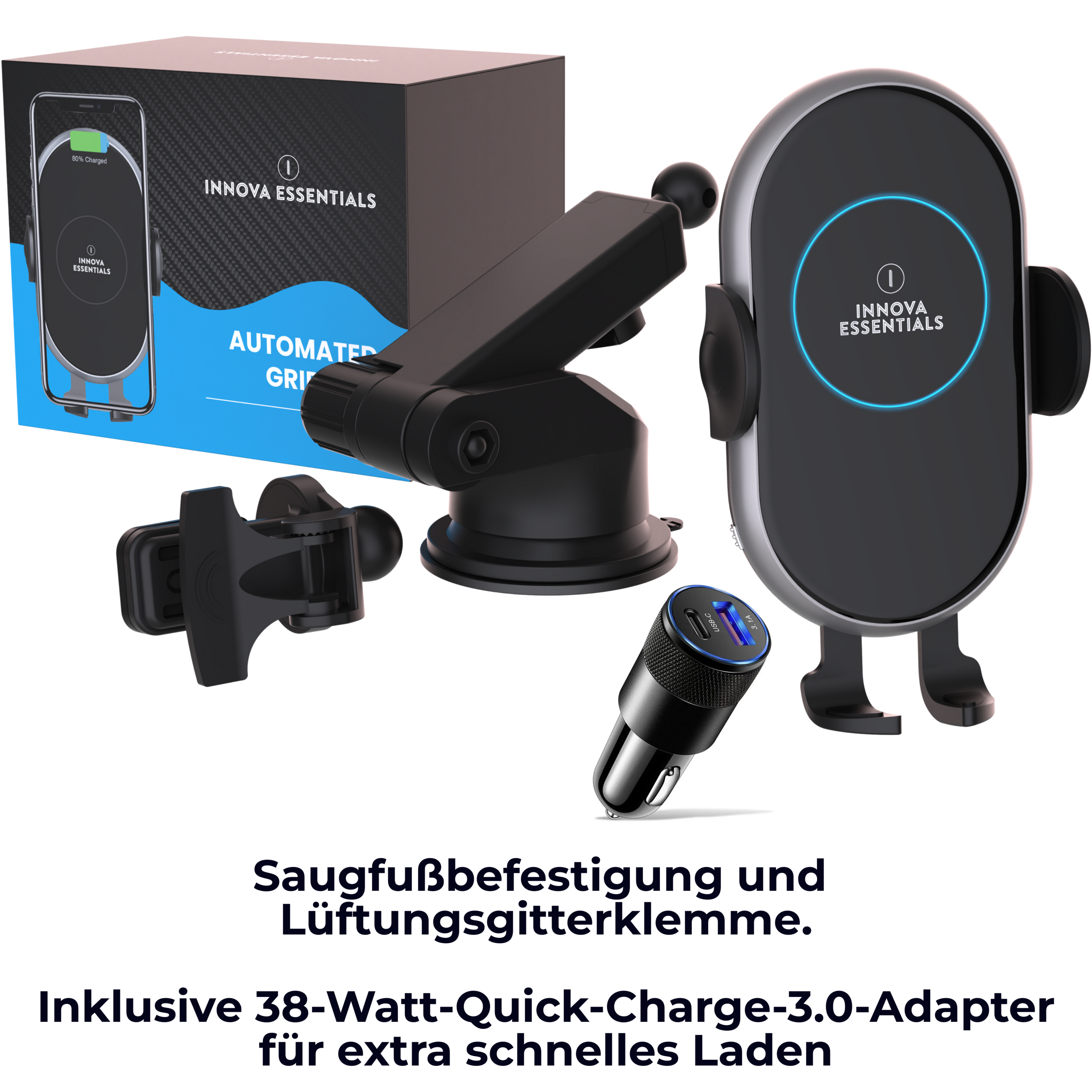 Kabelloses Autoladegerät und Zubehör. Enthält eine Box und einen 38-Watt-Adapter.