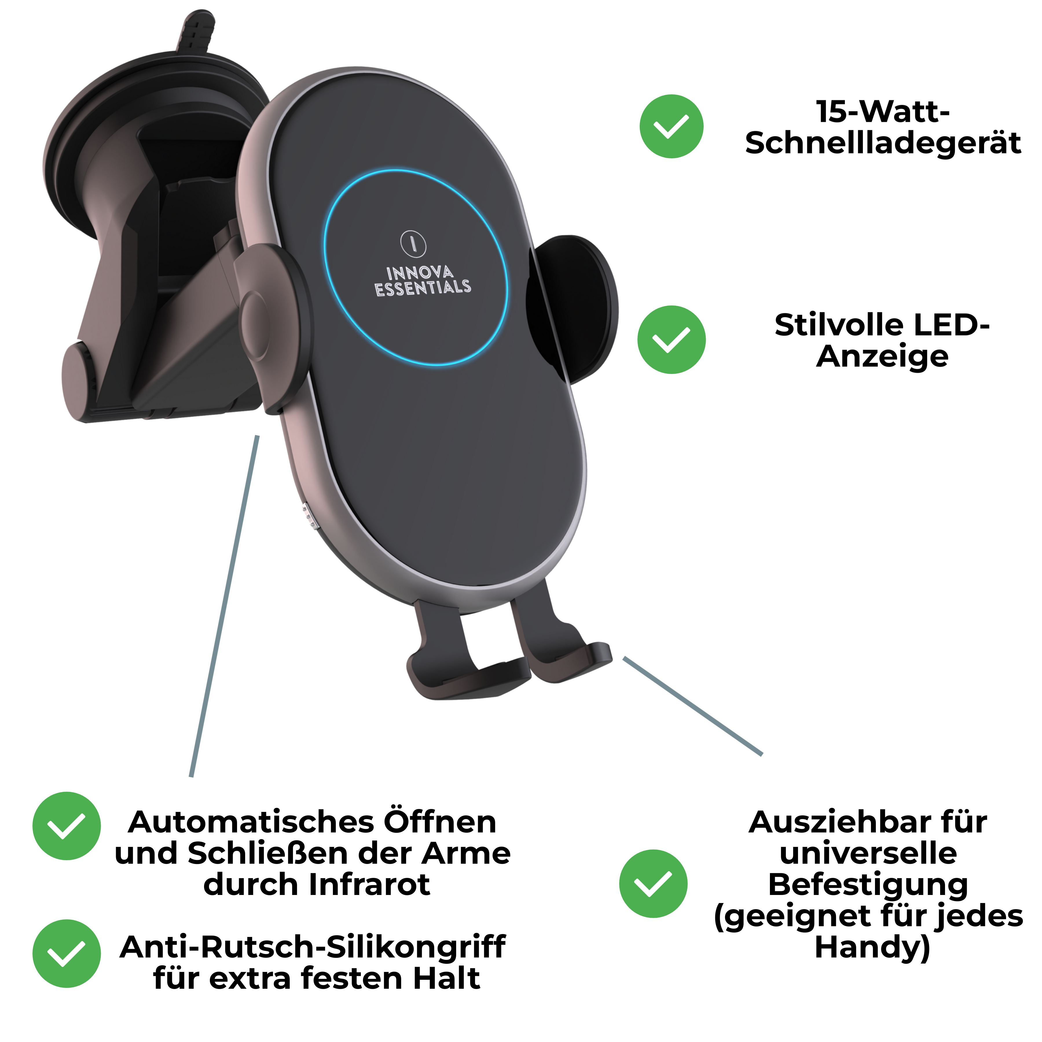 Ein schwarzer Telefonhalter mit Funktionen: automatische Öffnung, Anti-Rutsch-Griff und ausziehbare Arme.