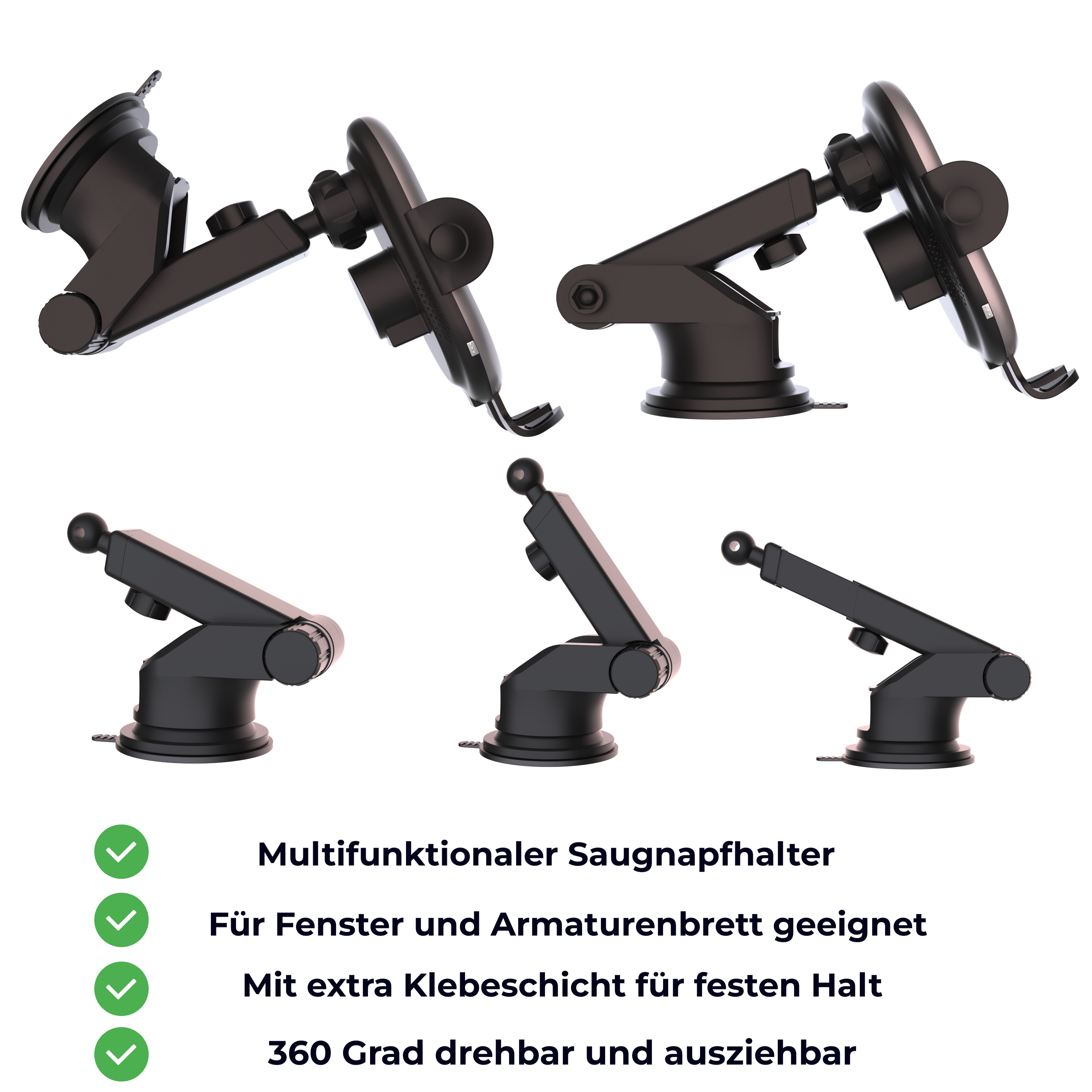 Mehrere schwarze Autotelefonhalter mit Häkchen.