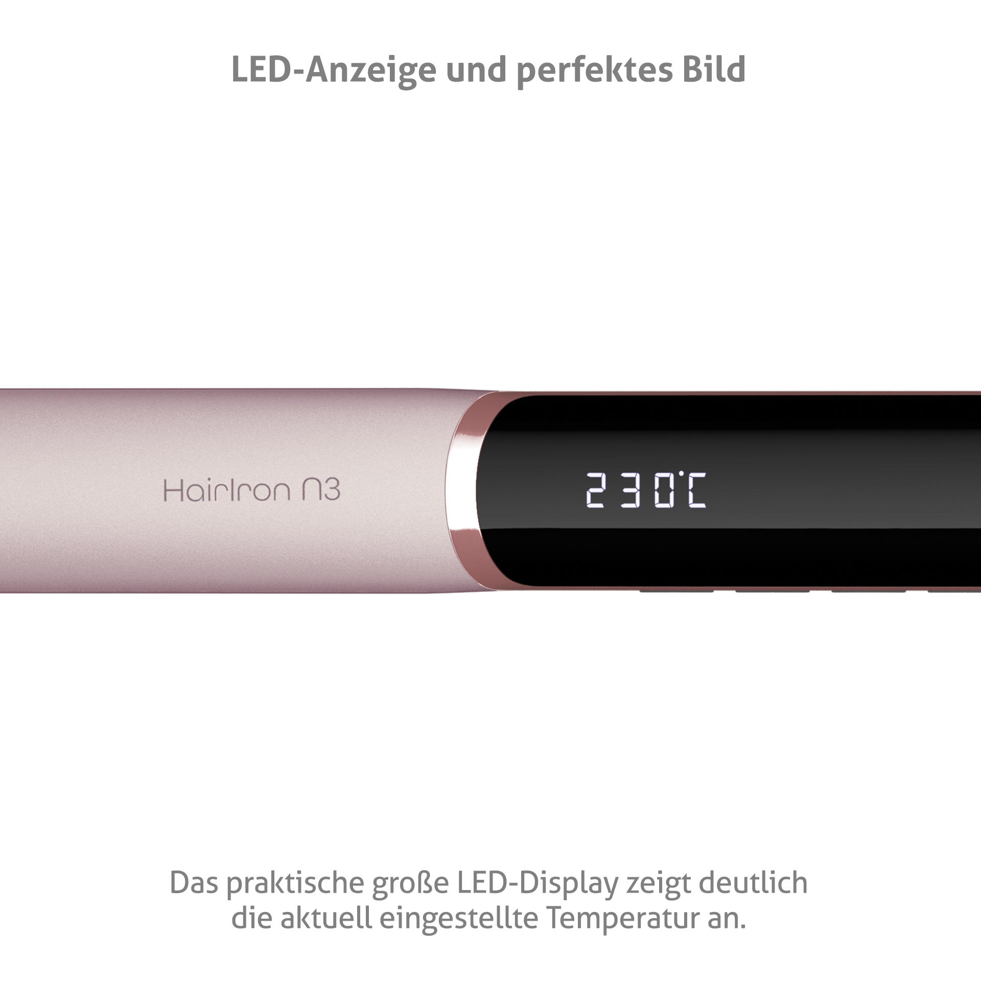 Piastra per capelli con display digitale che mostra la temperatura. Testo sotto.