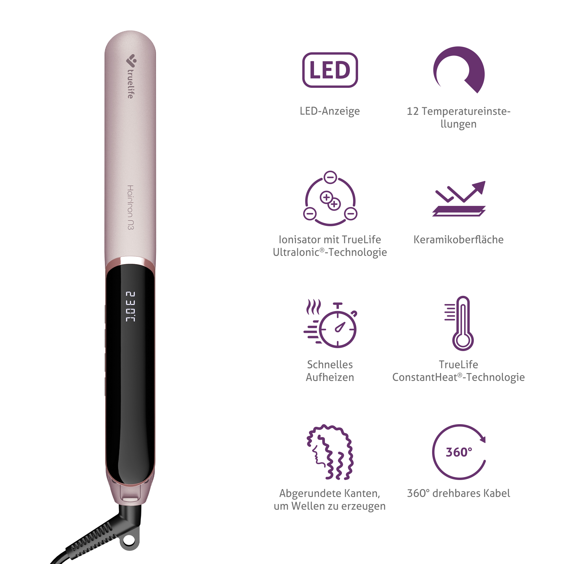 Piastra per capelli con design oro rosa e nero. Ha un display digitale e icone.