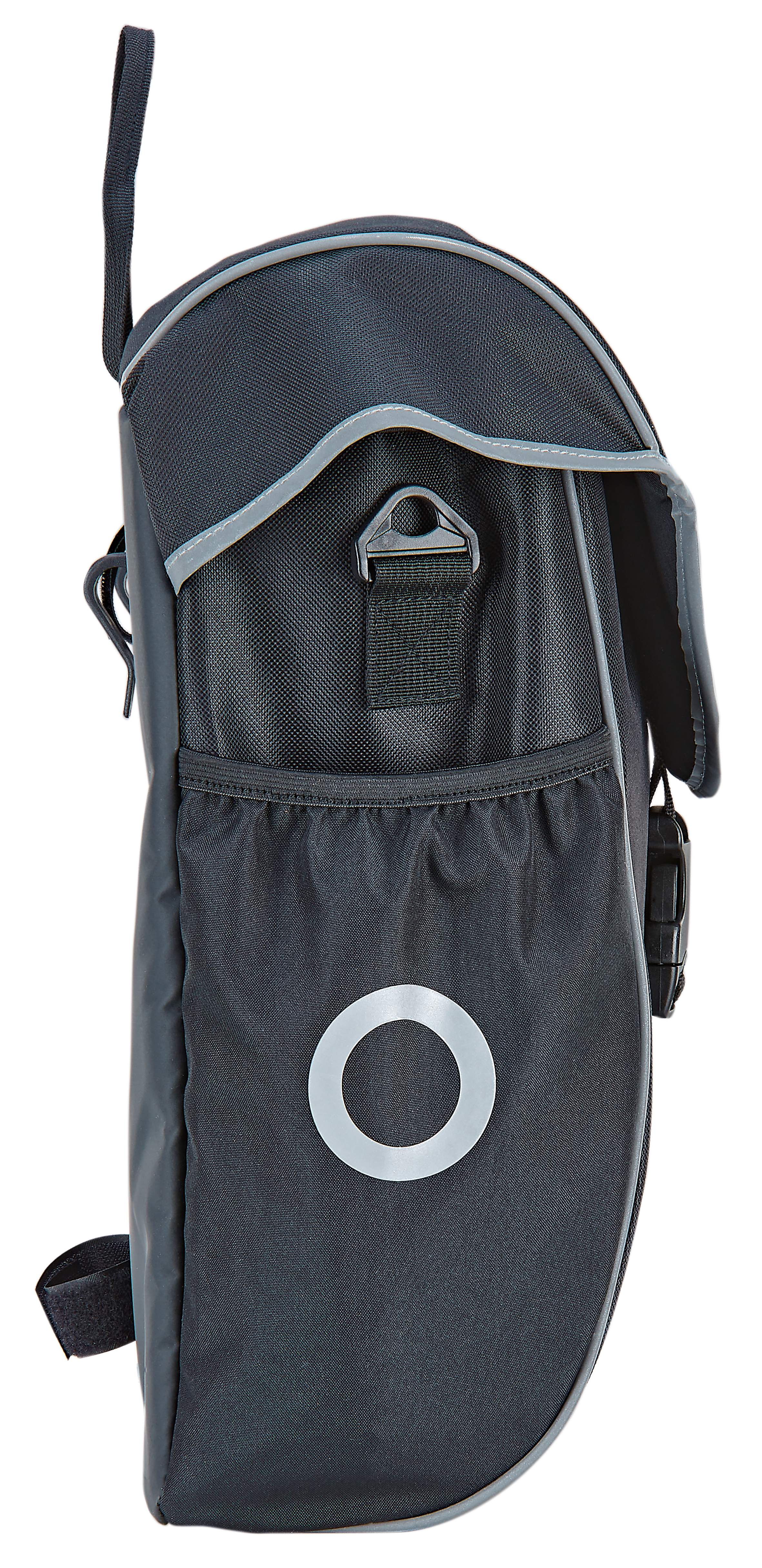 Eine schwarze Tasche mit Griff und reflektierendem Kreissymbol, einer Tasche und einer Schnalle.