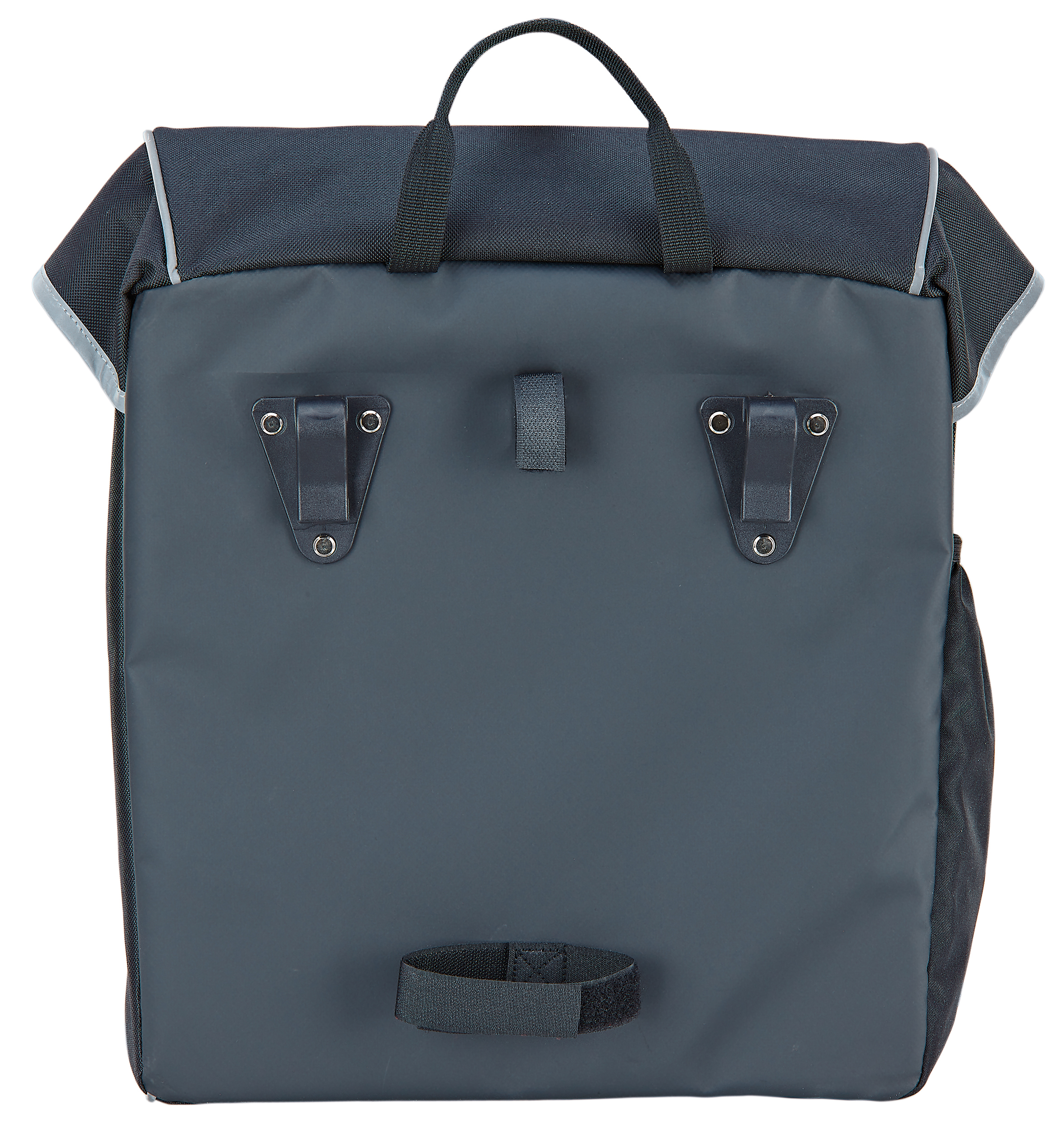 Eine schwarze Fahrrad-Gepäckträgertasche mit Befestigungsmaterial. Sie ist geschlossen und hat reflektierende Details.