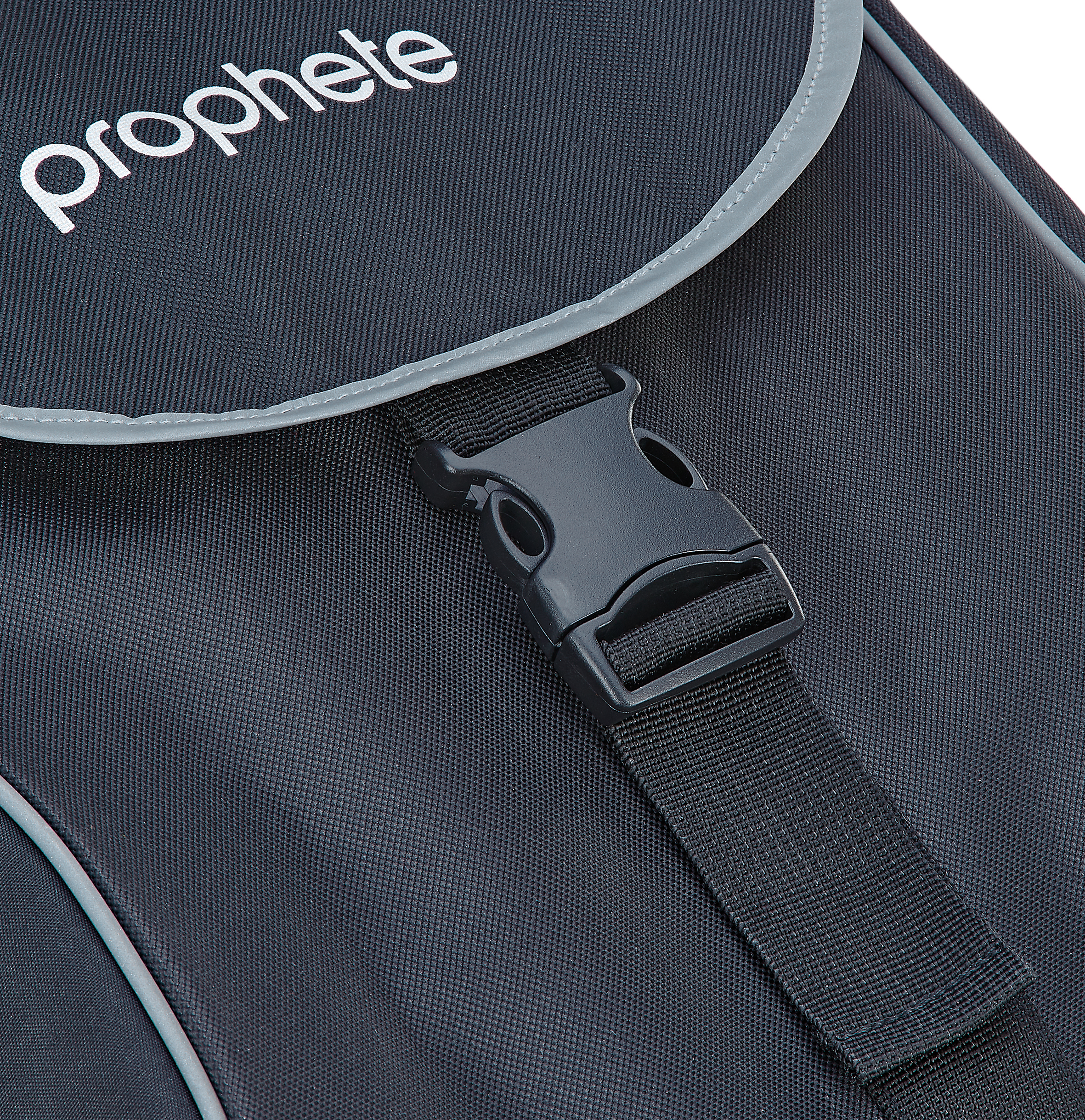 Schwarze Tasche mit Schnallenriemen, das Wort 'Prophete' oben in Weiß.