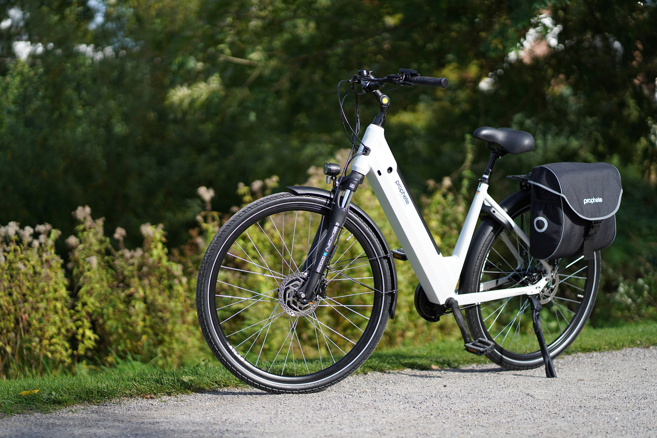 Ein weißes und schwarzes Elektrofahrrad auf einem Weg.