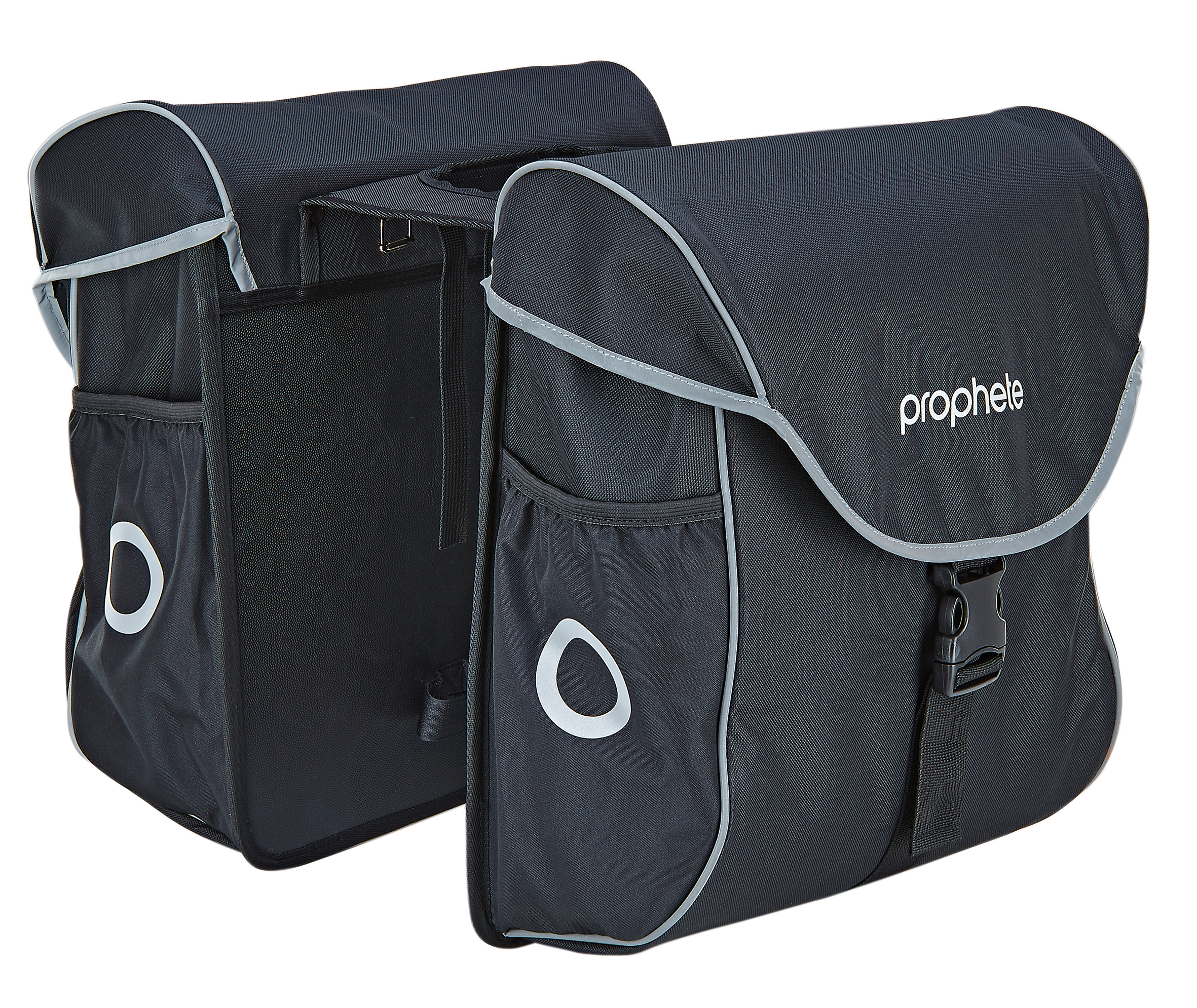 Schwarze Fahrradpacktaschen mit grauer Zierleiste, weißem Logo und Schnalle auf weißem Grund.