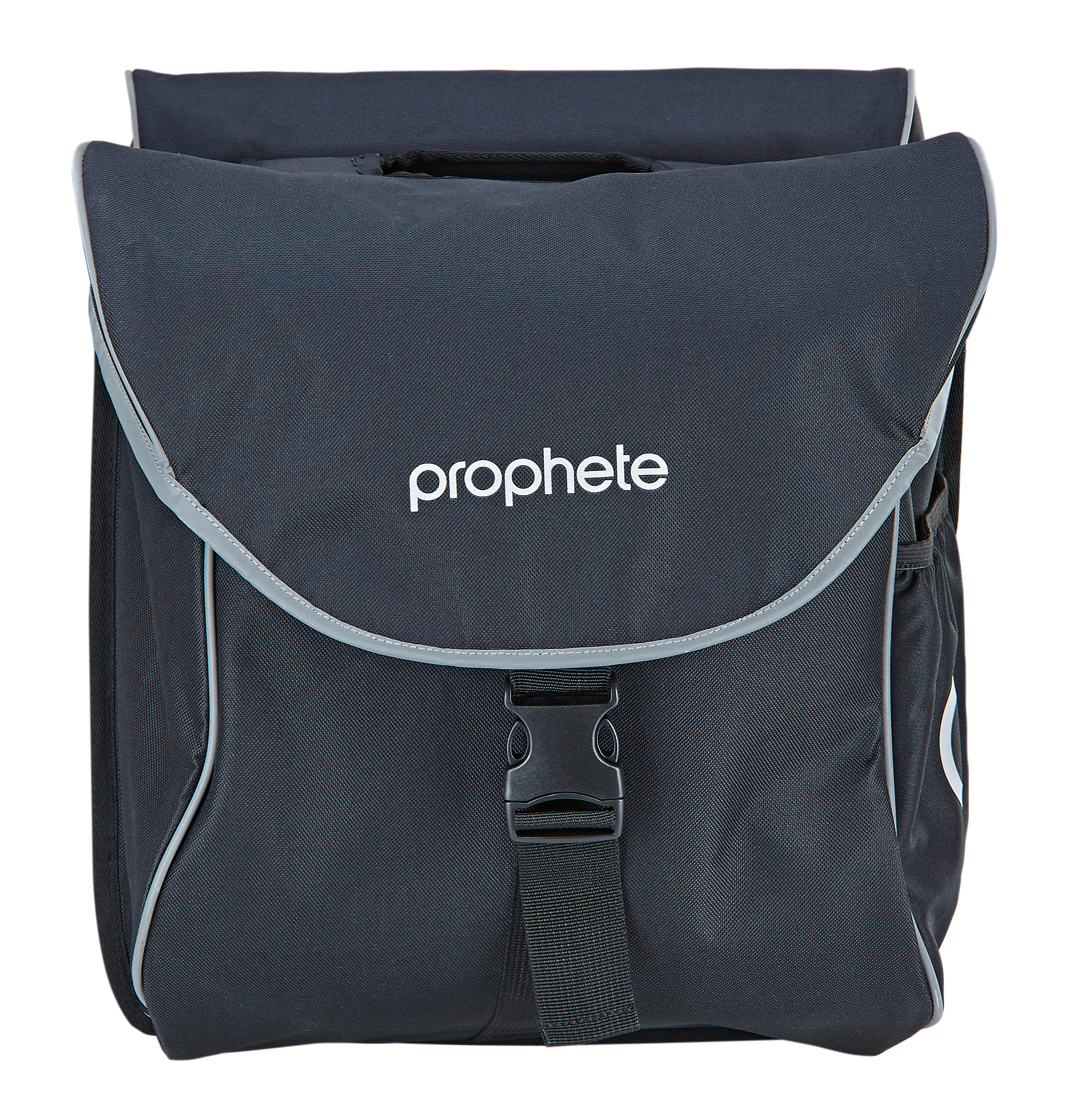 Schwarze und graue Fahrrad-Gepäcktasche. Weißer Hintergrund.