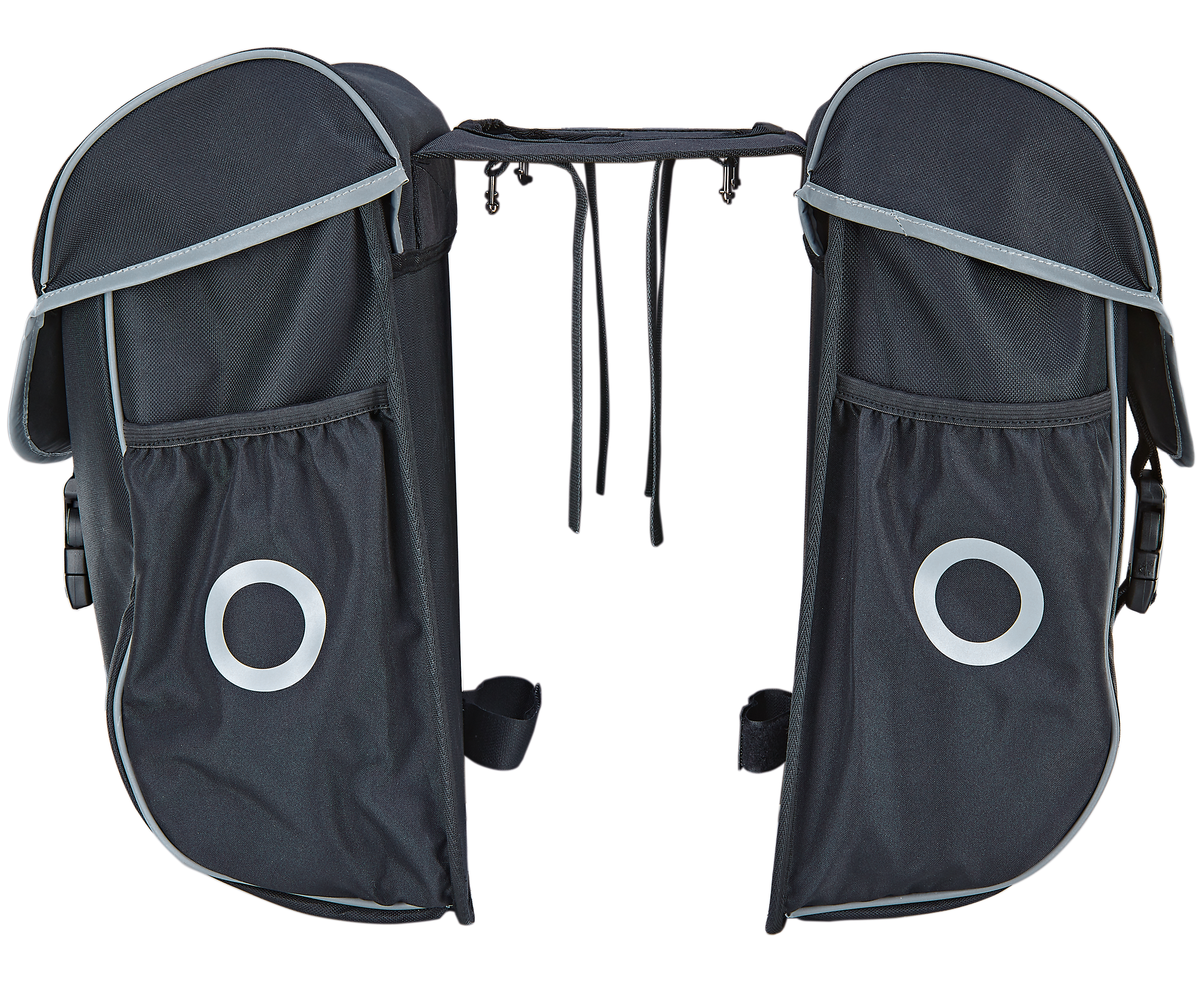 Zwei schwarze Fahrradpacktaschen mit reflektierenden Kreisen und silberner Zierleiste.