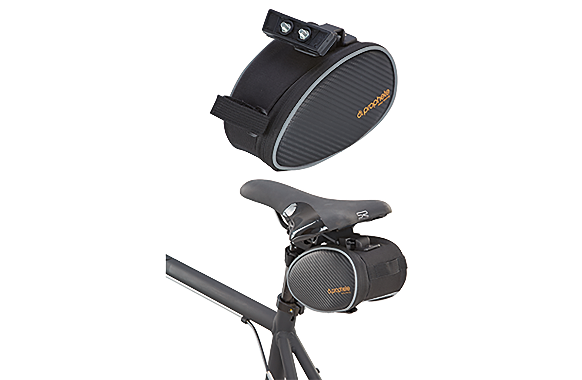Schwarze Fahrradtasche mit Lichtern, am Fahrradsattel und an der Tasche befestigt.