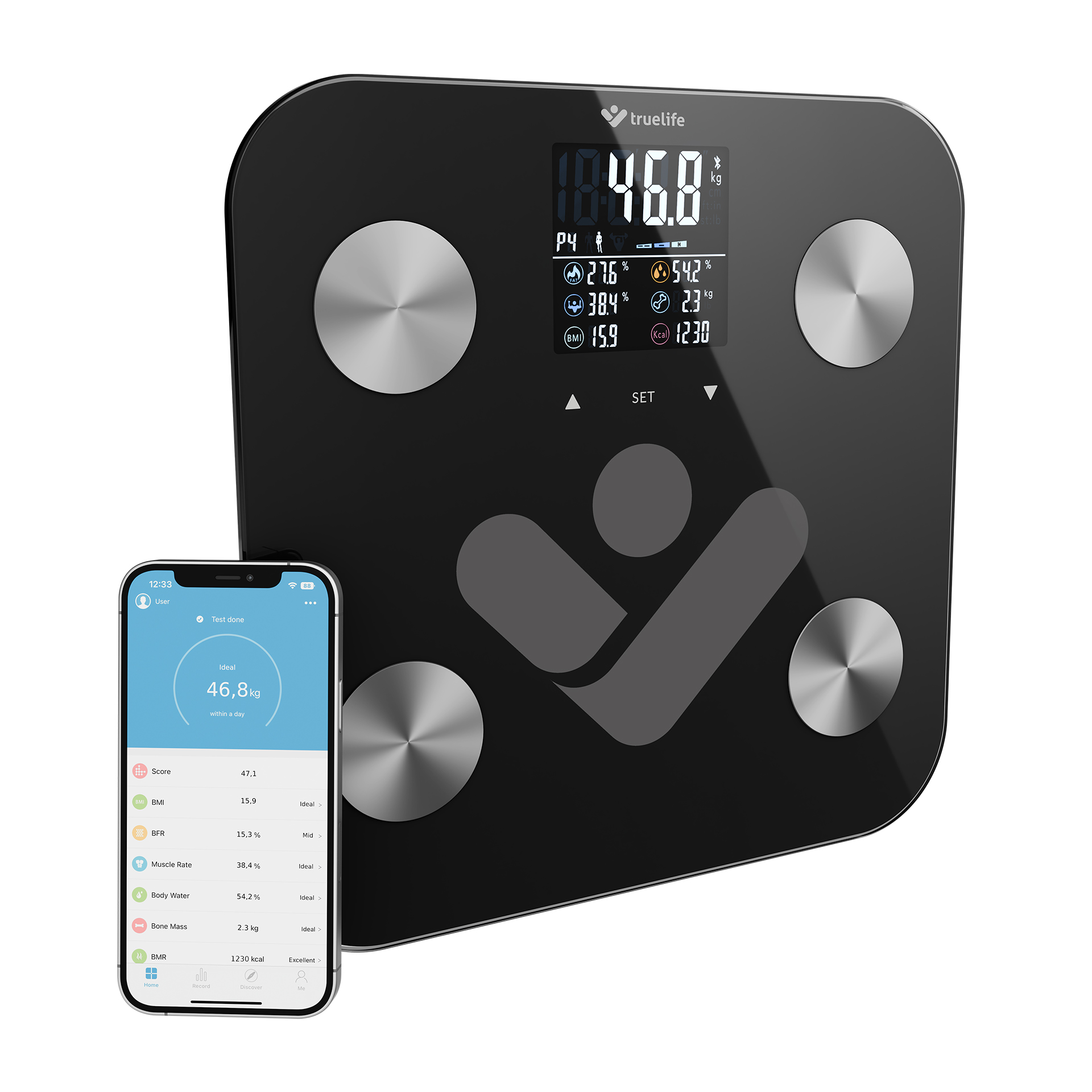 Eine schwarze Smart-Waage mit digitaler Anzeige, verbunden mit einem Smartphone, das Daten anzeigt.