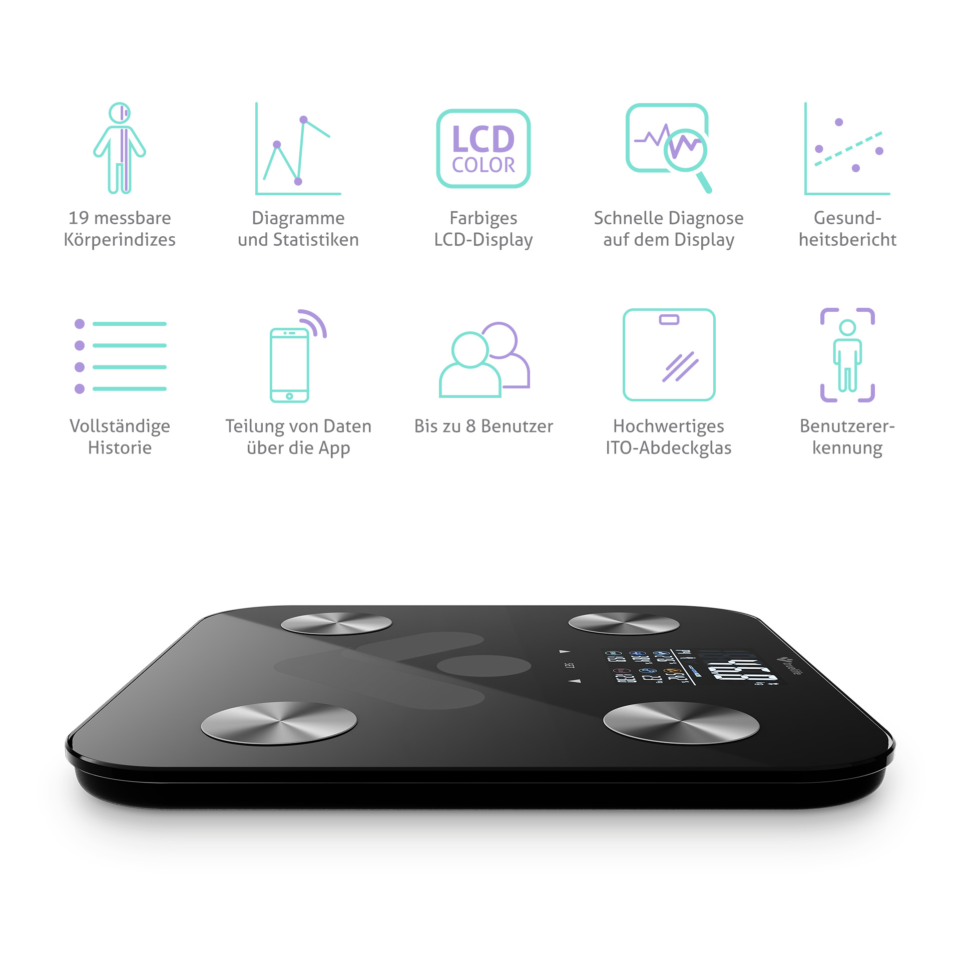 Eine schwarze Smart-Waage mit Symbolen für Gesundheitsdaten und Display.