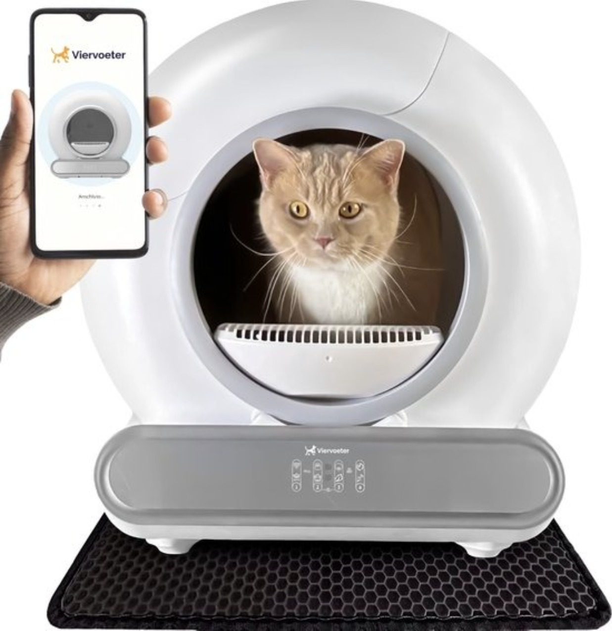 A cat sits in a white, automated litter box. A hand holds a phone showing the app interface.
