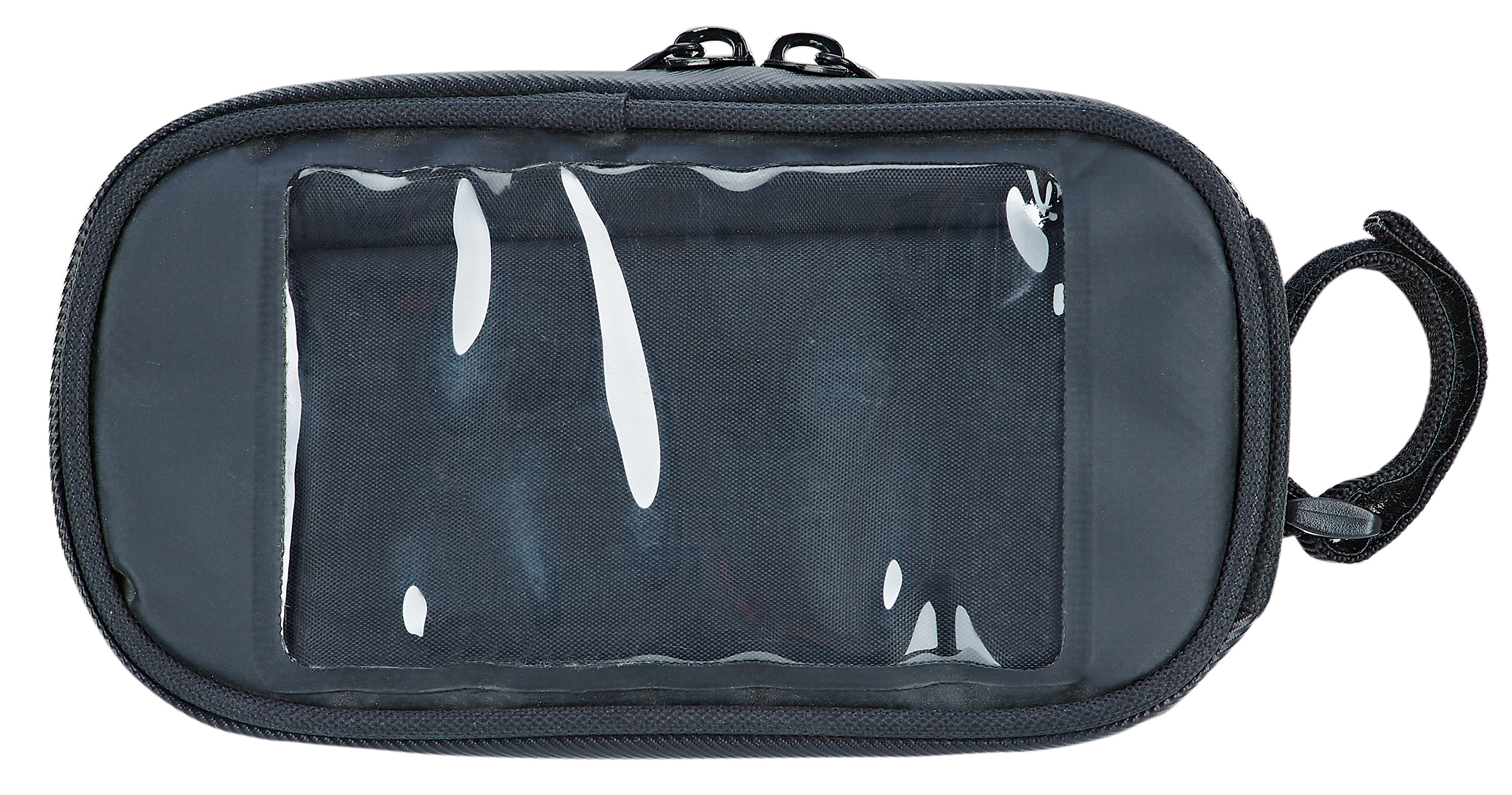 Schwarze, ovale Tasche mit transparentem Fenster.