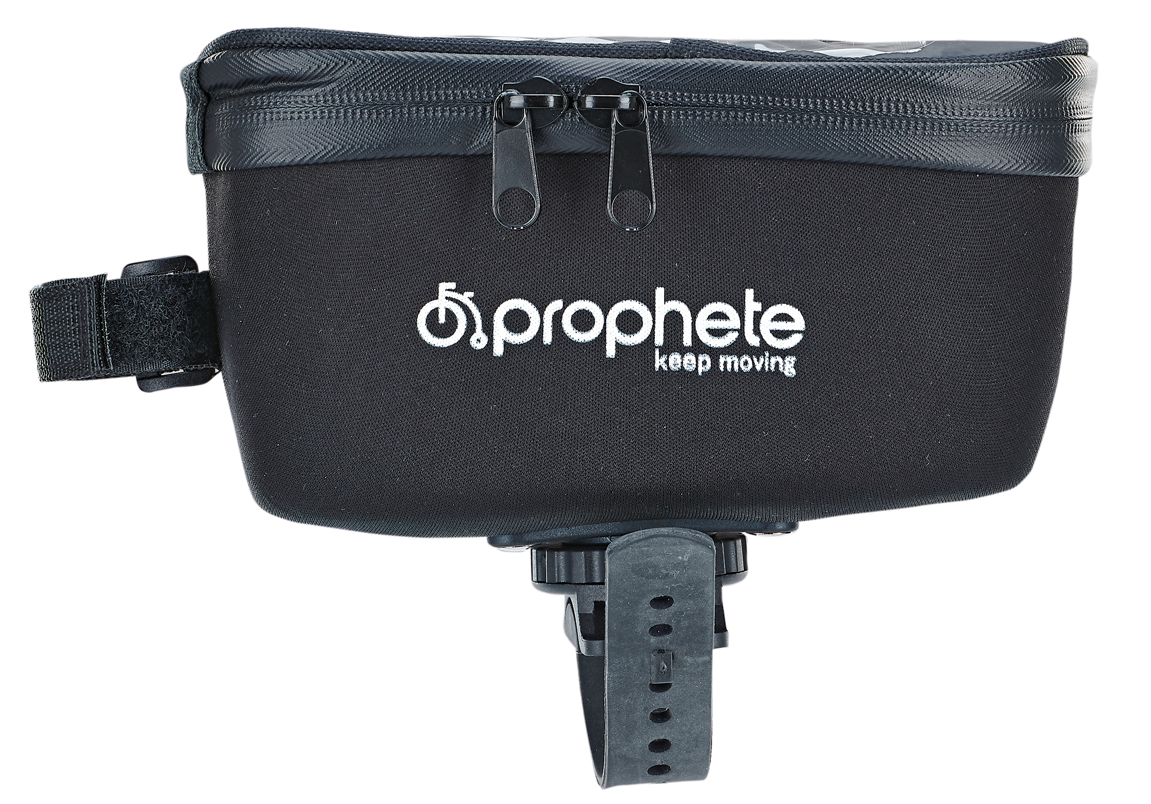 Eine schwarze Fahrrad-Lenkertasche mit Reißverschluss, weißem Logo und Gurt zur Befestigung.