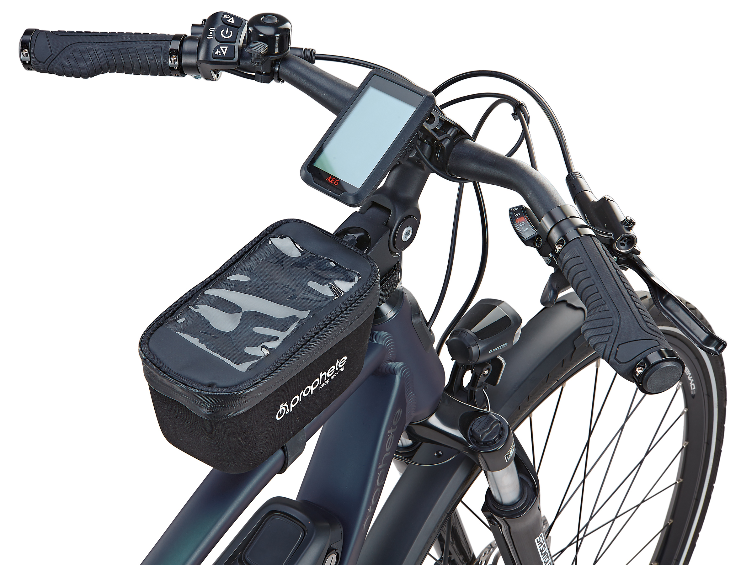 Ein Fahrradlenker mit angebrachtem Telefonhalter. Das Fahrrad ist schwarz und grau.