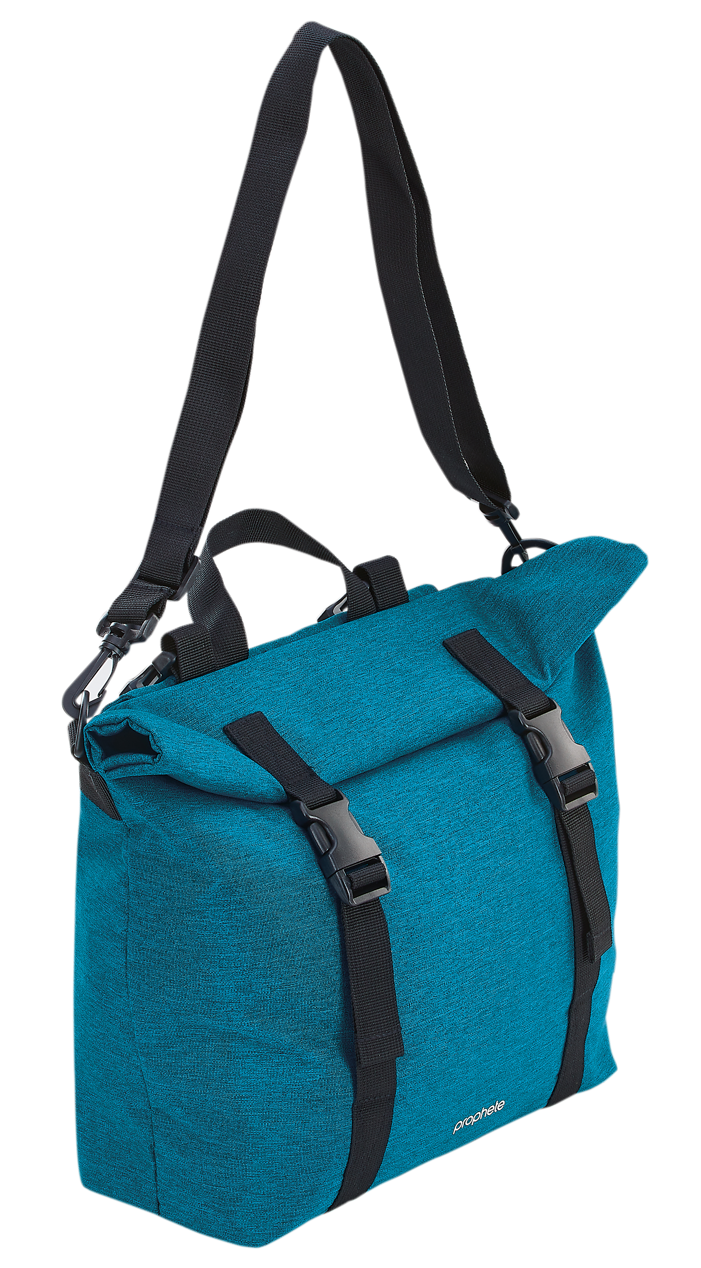 Türkisfarbener Rucksack mit schwarzen Riemen und Schnallen. Er hat einen Rollverschluss.
