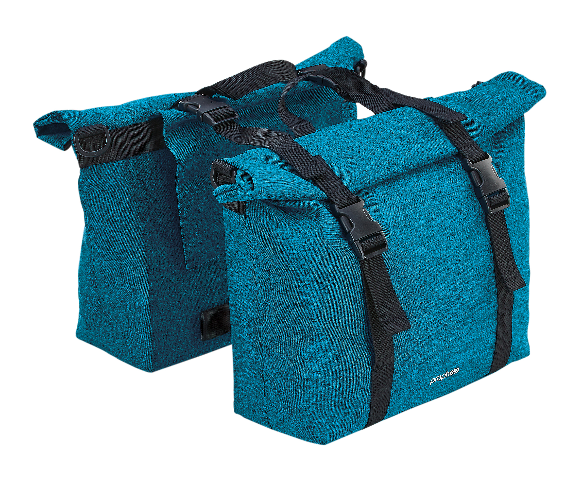 Ein Paar tealfarbene Fahrradtaschen mit schwarzen Riemen und Schnallen.