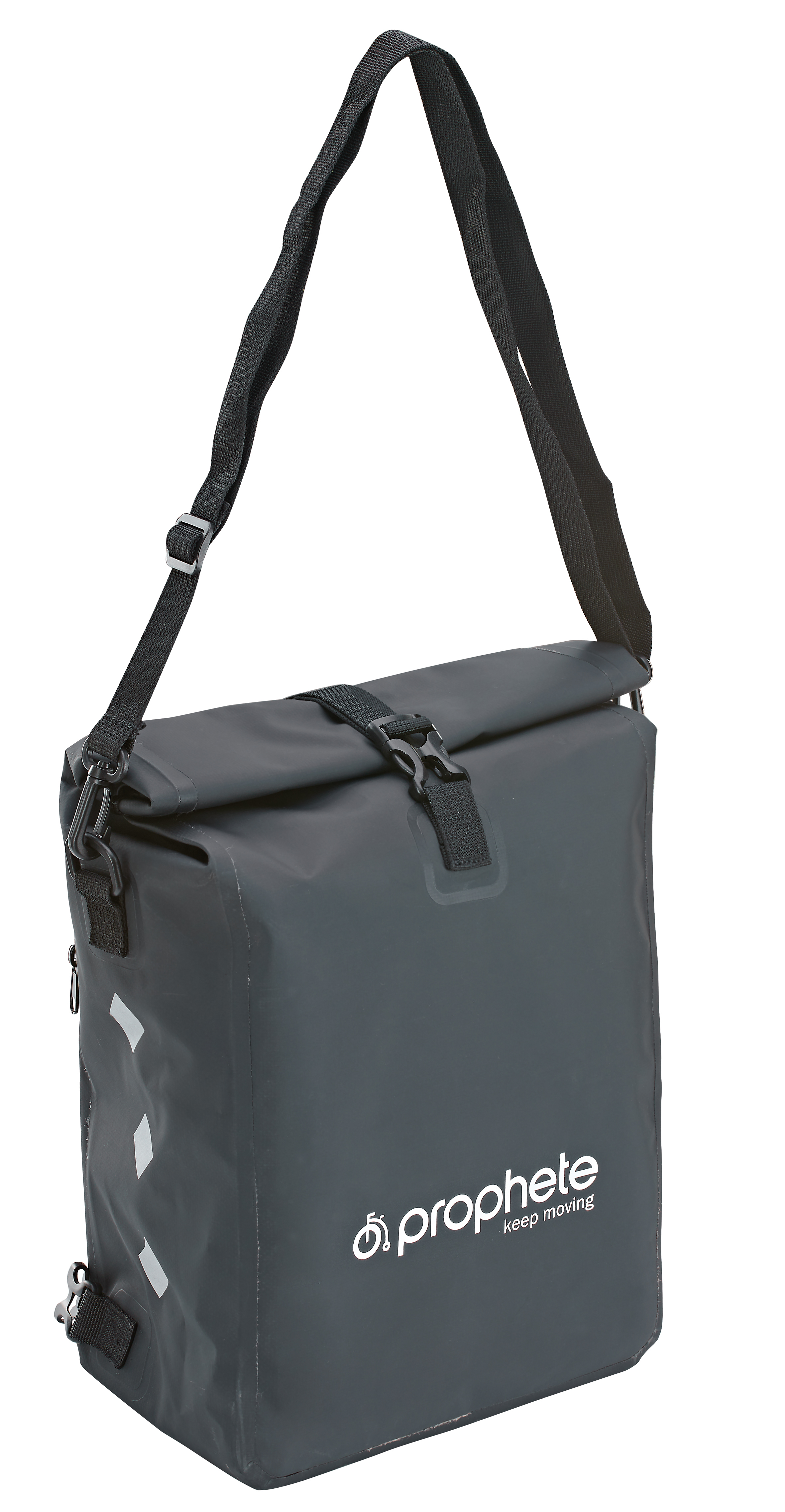 Eine graue, wasserdichte Tasche mit Schulterriemen. Die Tasche hat eine Schnalle und das Wort Prophete darauf.