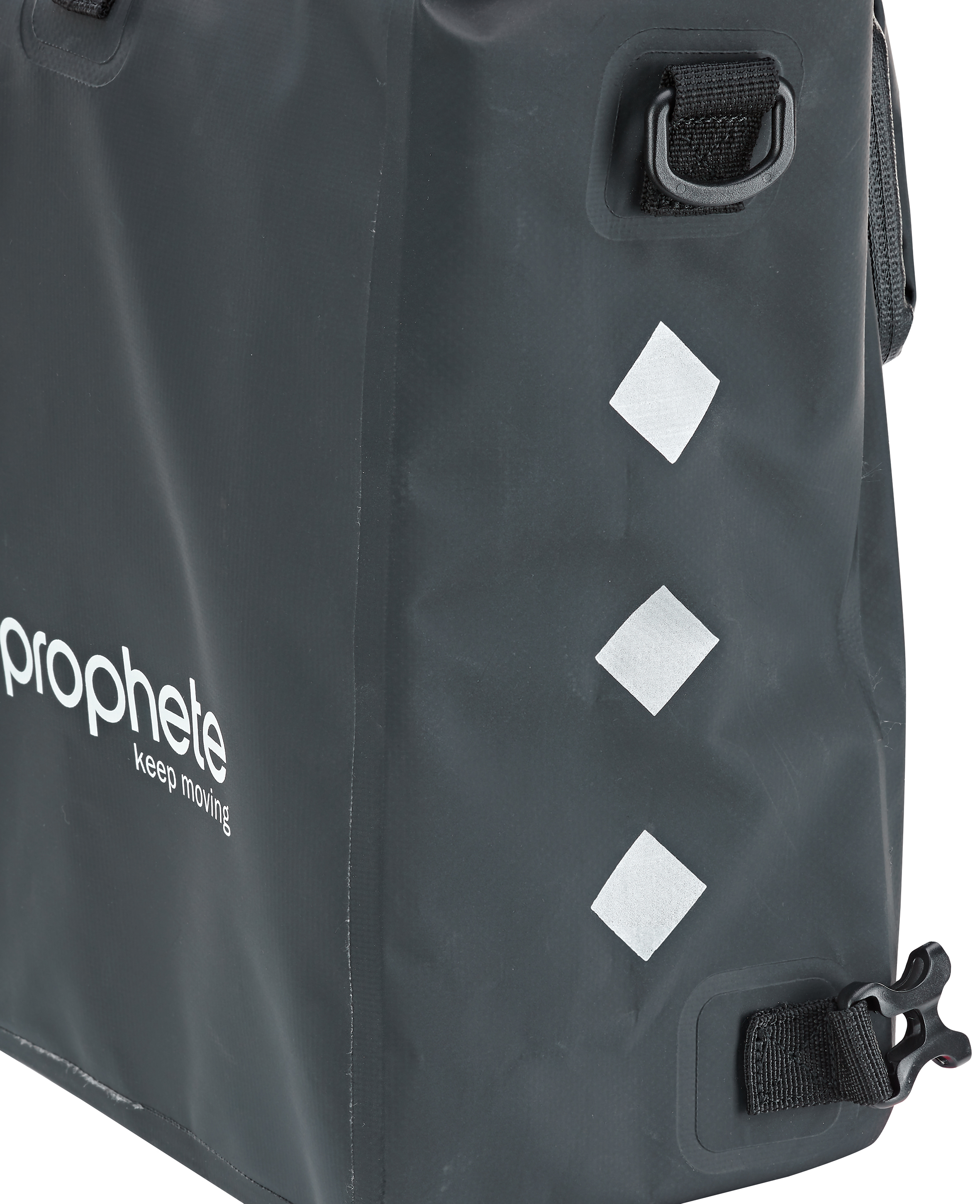Eine schwarze und graue wasserdichte Tasche mit Logos.