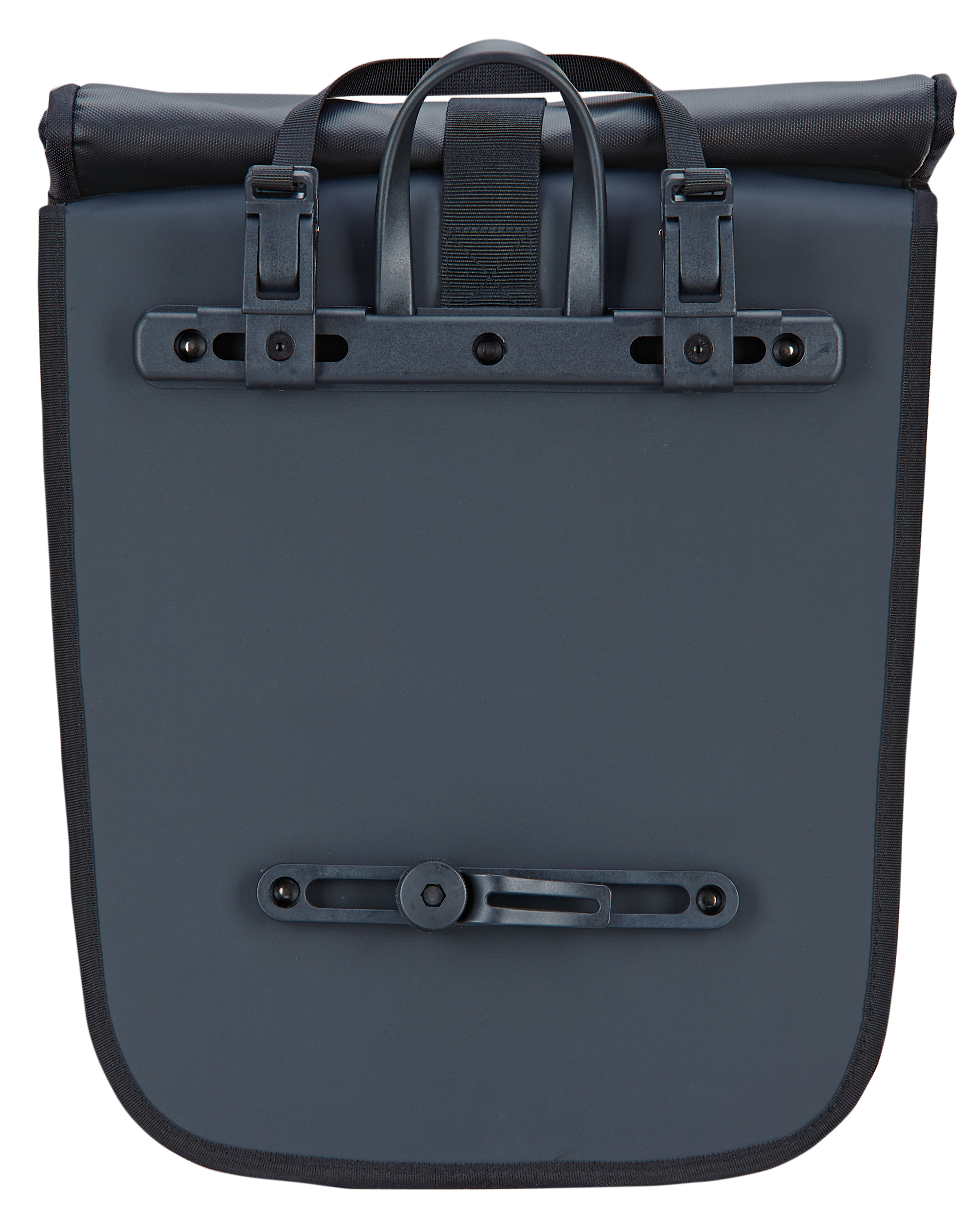 Eine schwarze Fahrradtasche mit zwei Clips und einem Kunststoffteil zur Montage am Fahrrad.