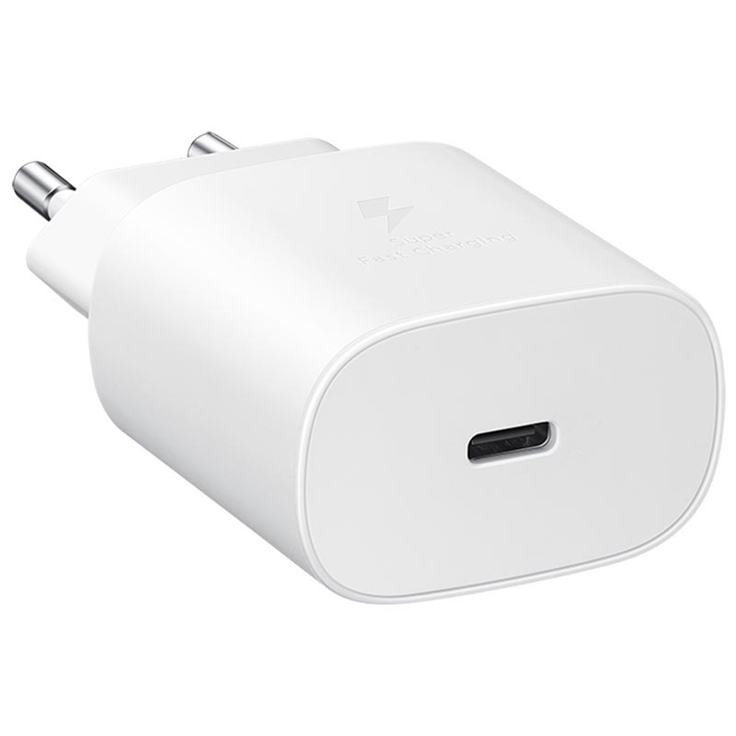 Biała ładowarka Samsung Super Fast Charging z portem USB-C i metalowymi pinami.