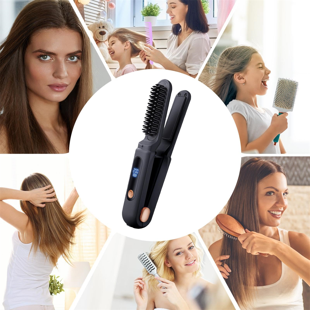 Ein Haarglätter mit mehreren Bildern, die verschiedene Personen bei der Verwendung des Produkts zeigen.
