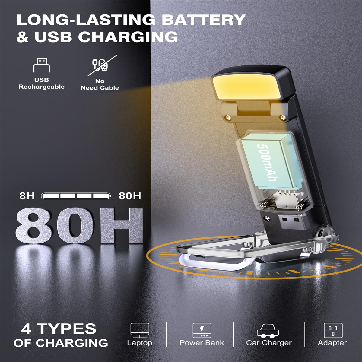 Eine schwarz-goldene Leselampe mit 500mAh Akku. Inklusive USB-Aufladung und 4 Ladetypen.