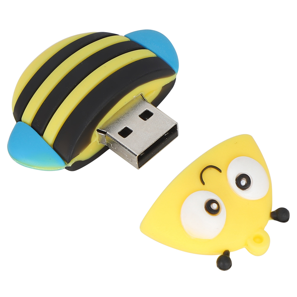 Ein USB-Stick in Bienenform, gelb und schwarz. Er hat einen abnehmbaren Kopf, ein lustiges und kreatives Design.