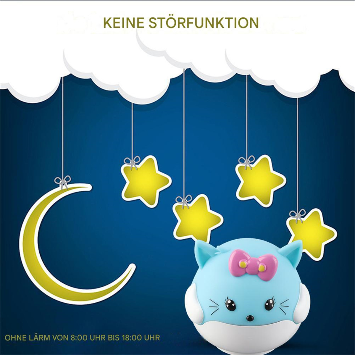 Ein blaues katzenförmiges Nachtlicht mit Sternen und einem Mond vor einem dunkelblauen Hintergrund.