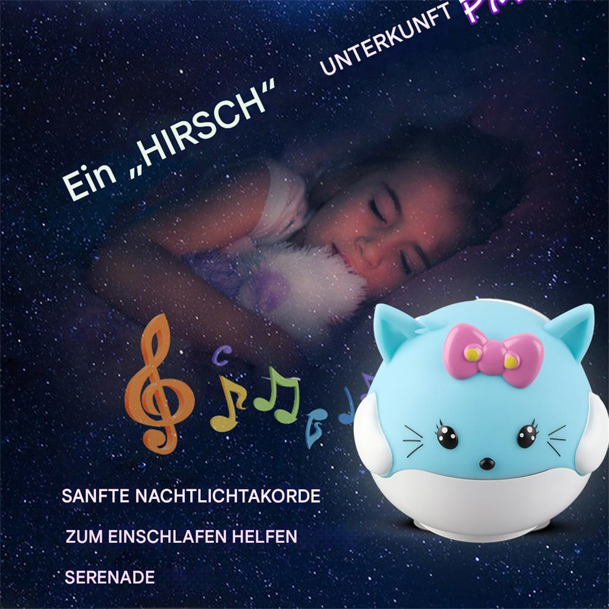 Blaue katzenförmige Nachtlampe mit rosa Schleife. Ein Mädchen schläft in einem Sternenhimmel.