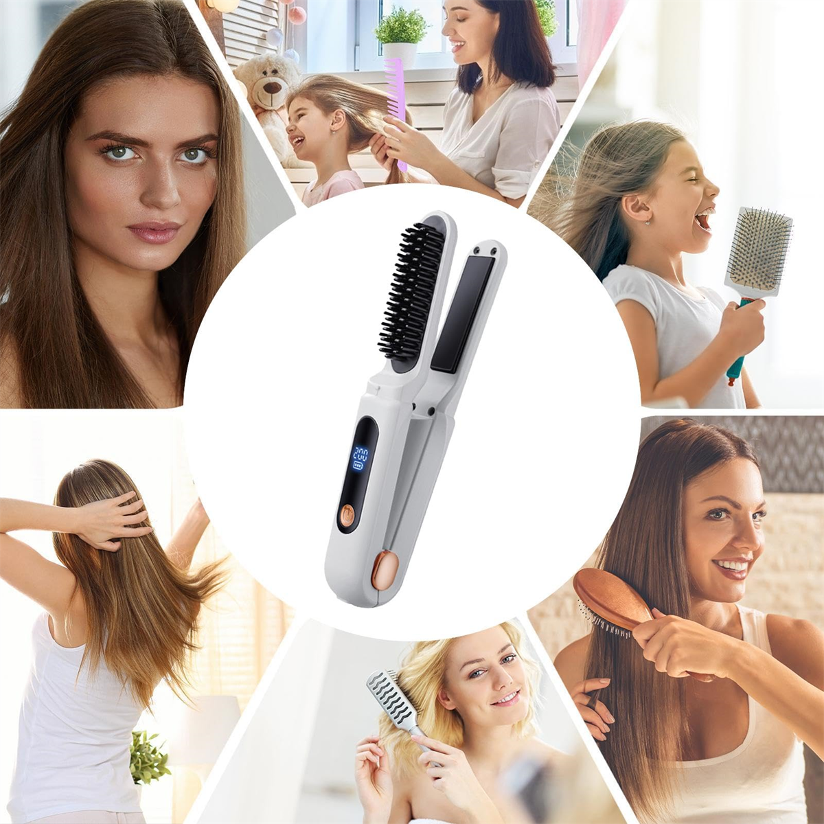 Verschiedene Bilder von Frauen, die eine Haarglättungsbürste verwenden. Zeigt verschiedene Winkel.