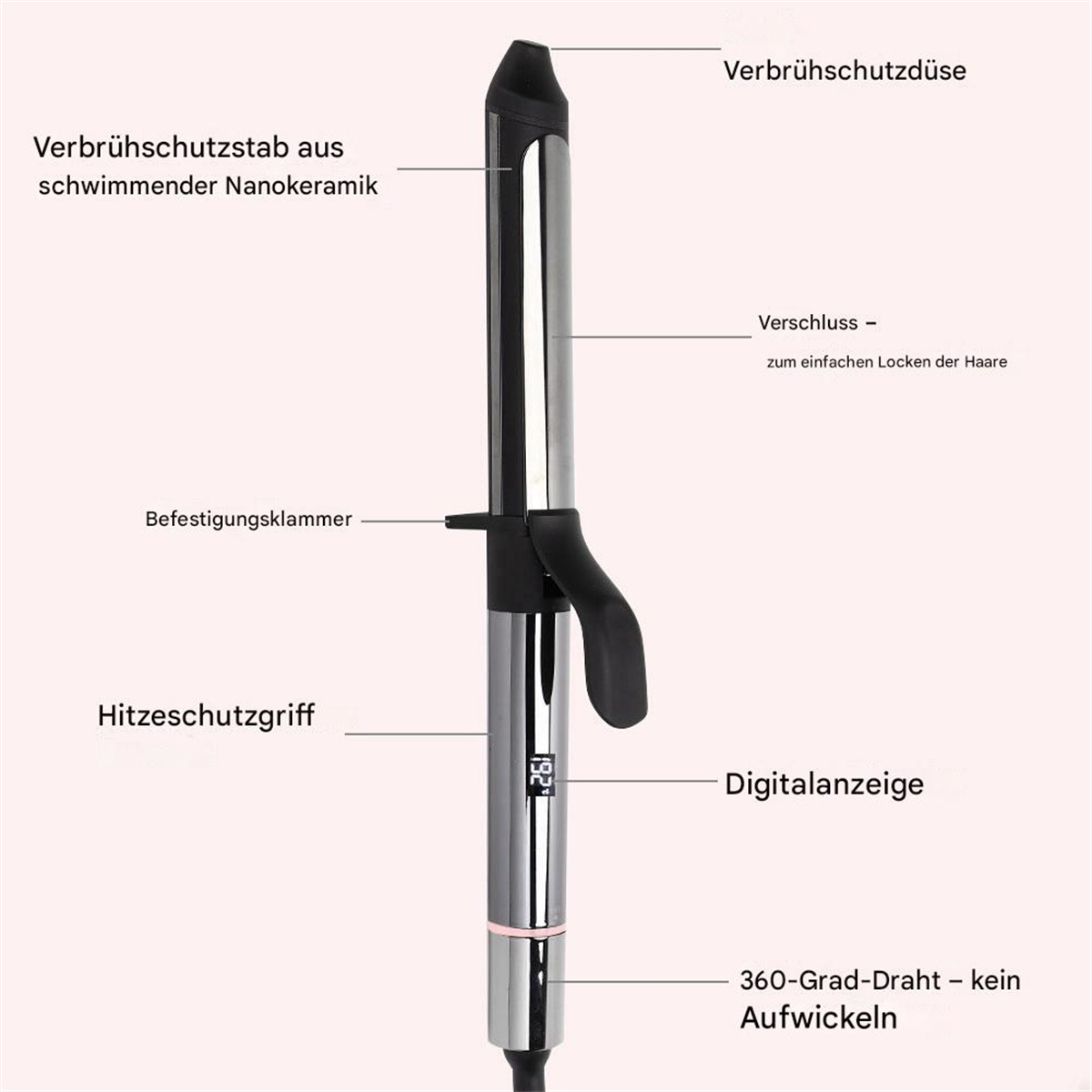 Ein silberner Lockenstab mit beschrifteten Teilen. Er hat einen schwarzen Griff und eine Digitalanzeige.