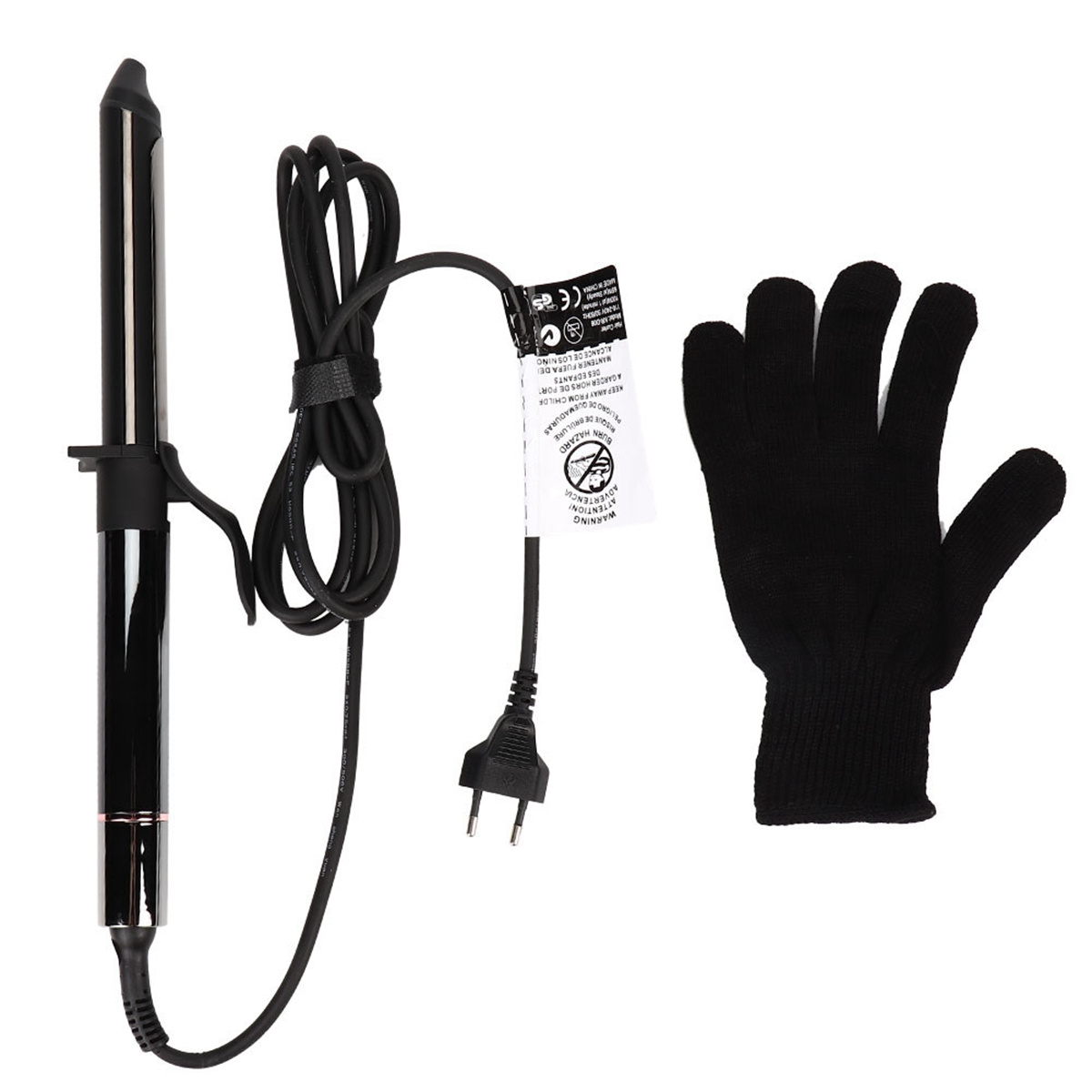 Ein schwarzer Lockenstab, Netzkabel und ein schwarzer hitzebeständiger Handschuh liegen auf weißem Untergrund.