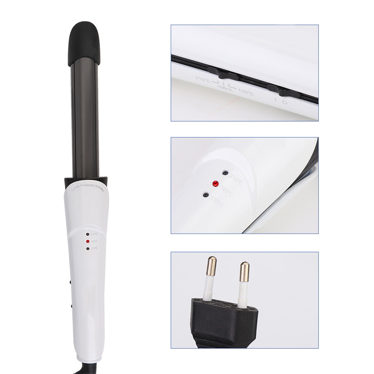 Weißer Lockenstab, Details der Temperatureinstellungen und ein Stecker.