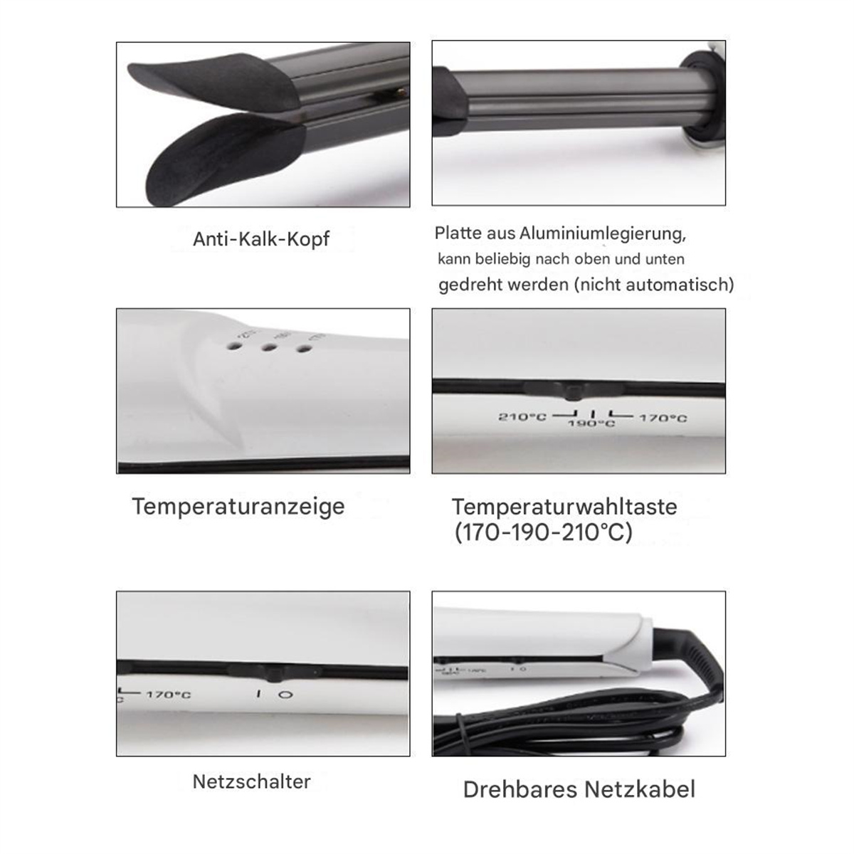Nahaufnahme eines Haarglätters, zeigt Temperatureinstellungen und Details.