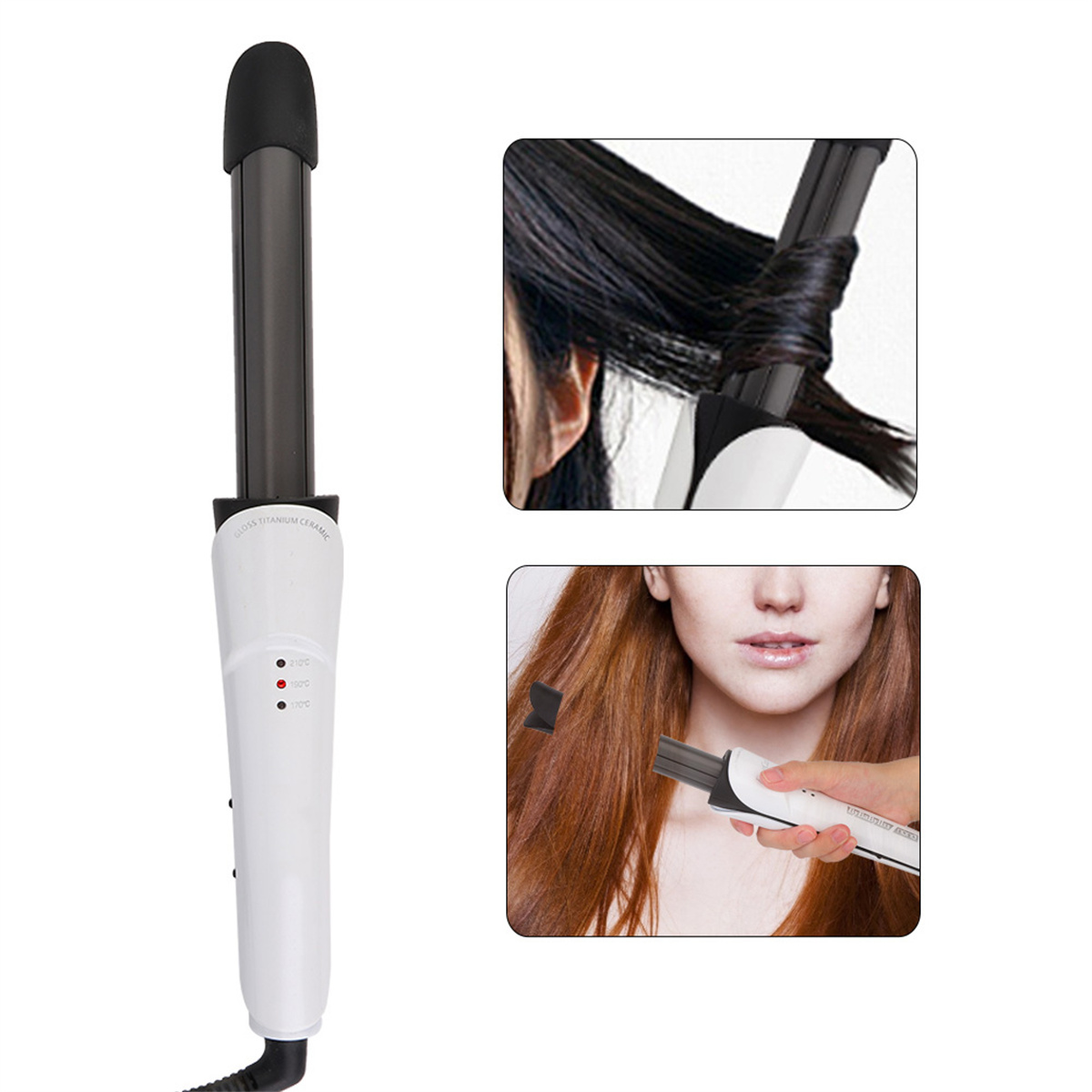Haar-Lockenstab mit zwei Bildern zur Verwendung. Eines zeigt das Locken, das andere die Anwendung des Werkzeugs.