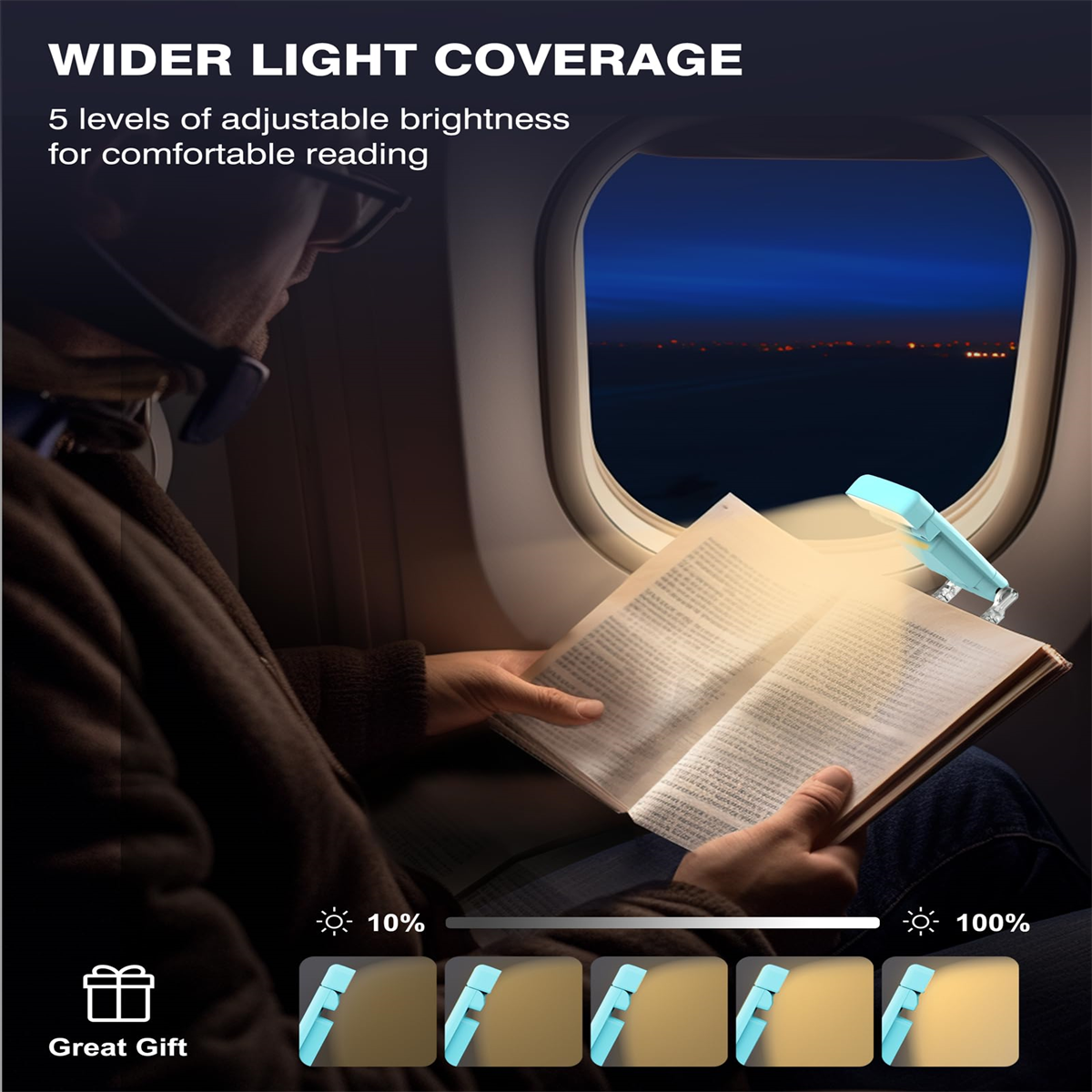 Eine Person liest ein Buch mit einer blauen Leselampe im Flugzeug, Helligkeitsstufen werden gezeigt.