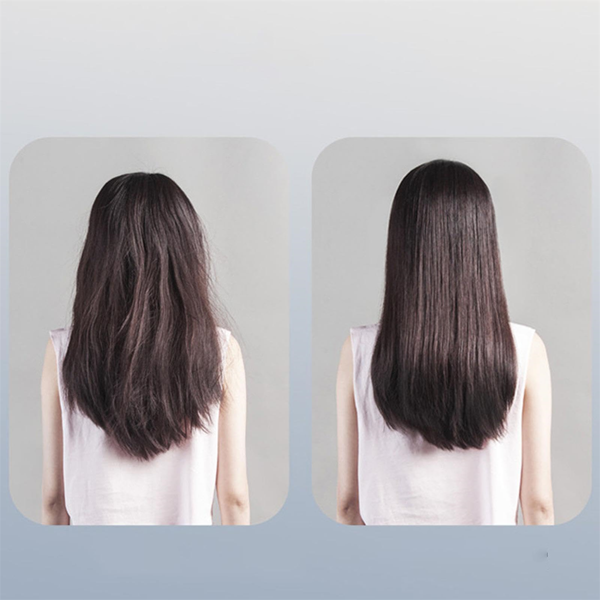 Haarvergleich. Links ungepflegtes Haar, rechts glattes, glattes Haar nach der Behandlung.