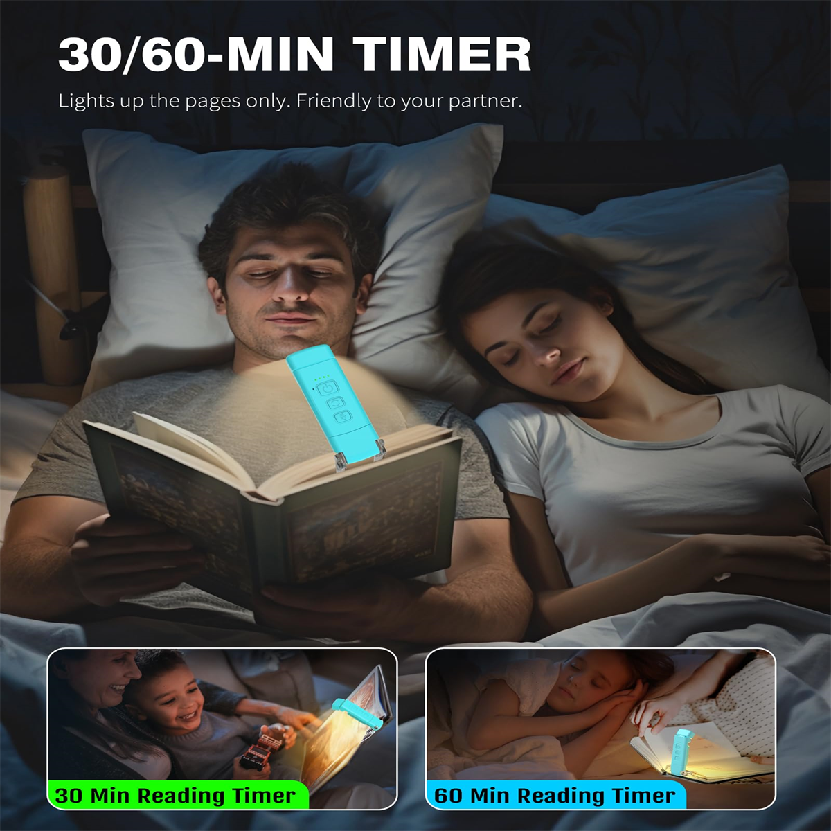 Ein Paar liest im Bett mit einer Leselampe. Unten sind kleine Bilder mit Lesetimer-Optionen.